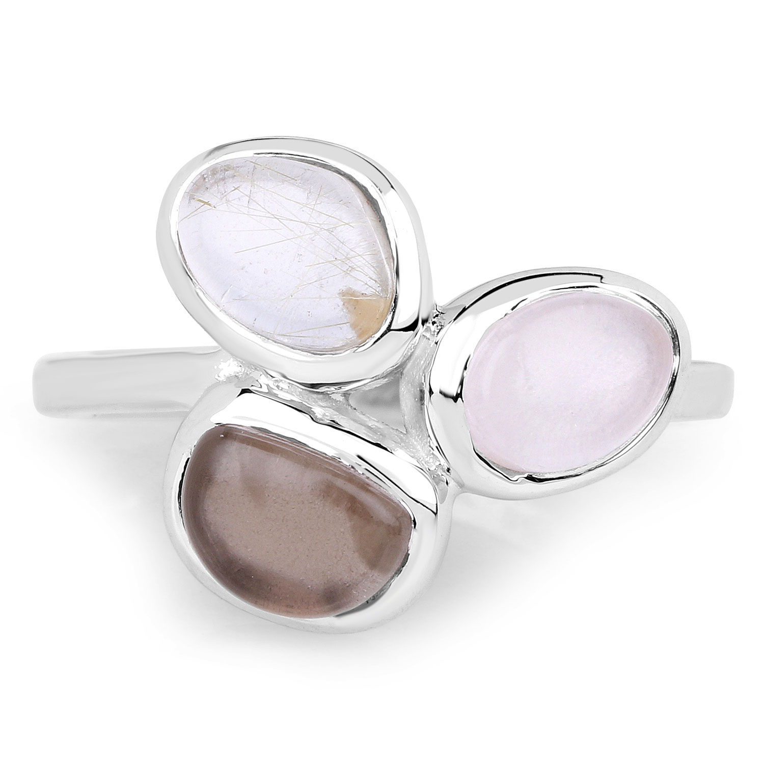 2.90 Carat Genuine Rose Quartz, Smoky Quartz And Golden Rutile .925 Sterling Silver Ring