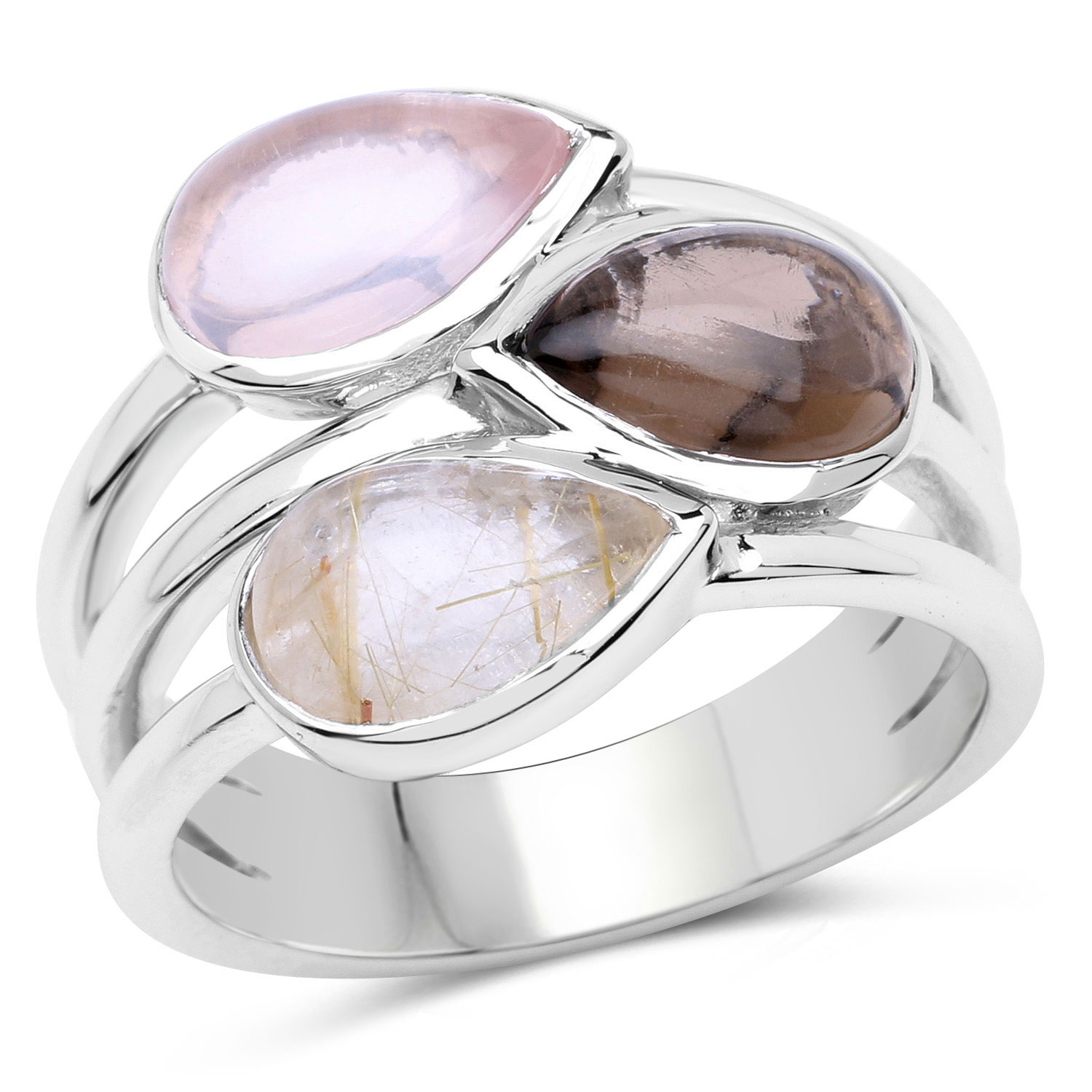 4.44 Carat Genuine Rose Quartz, Smoky Quartz And Golden Rutile .925 Sterling Silver Ring