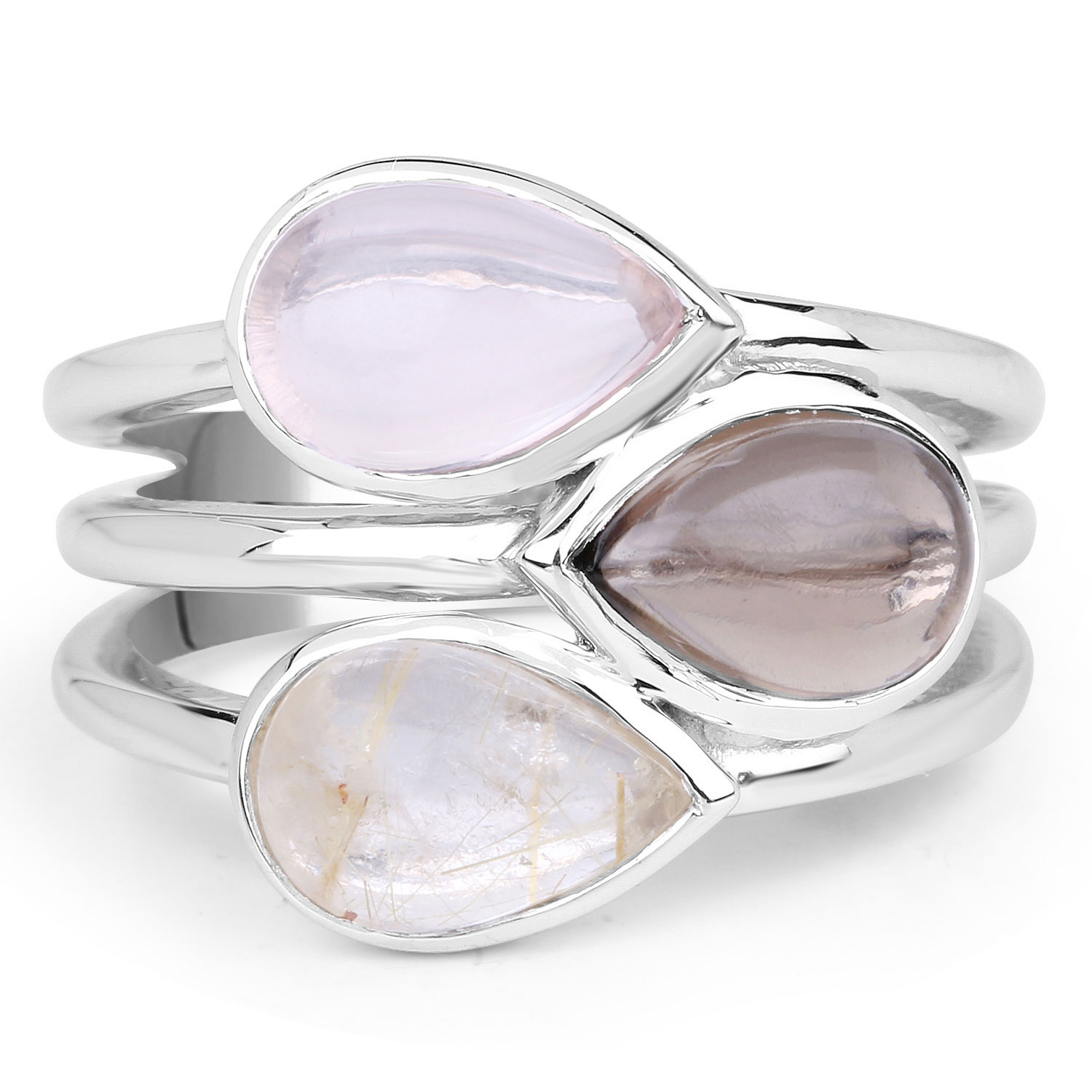 4.44 Carat Genuine Rose Quartz, Smoky Quartz And Golden Rutile .925 Sterling Silver Ring