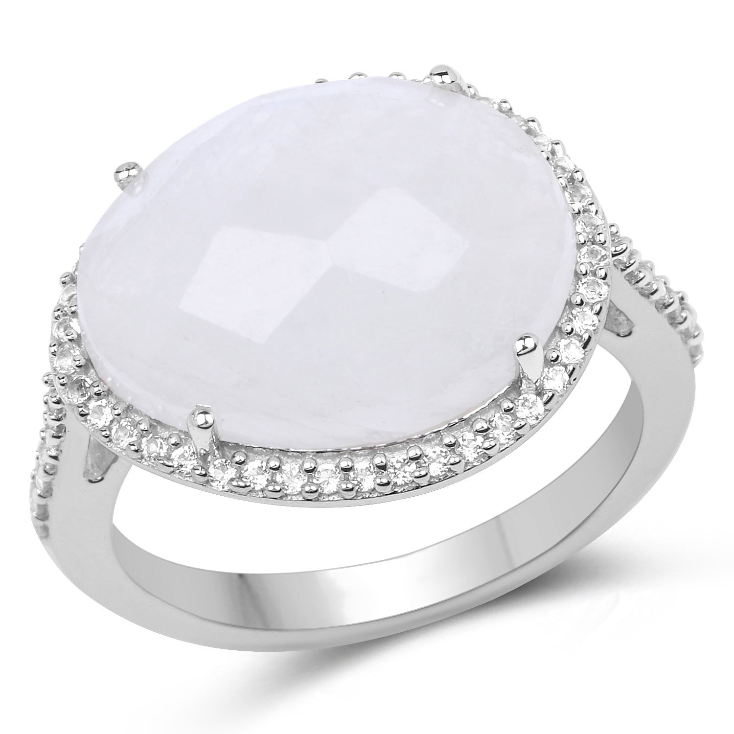 7.33 Carat Genuine White Rainbow Moonstone And White Topaz .925 Sterling Silver Ring