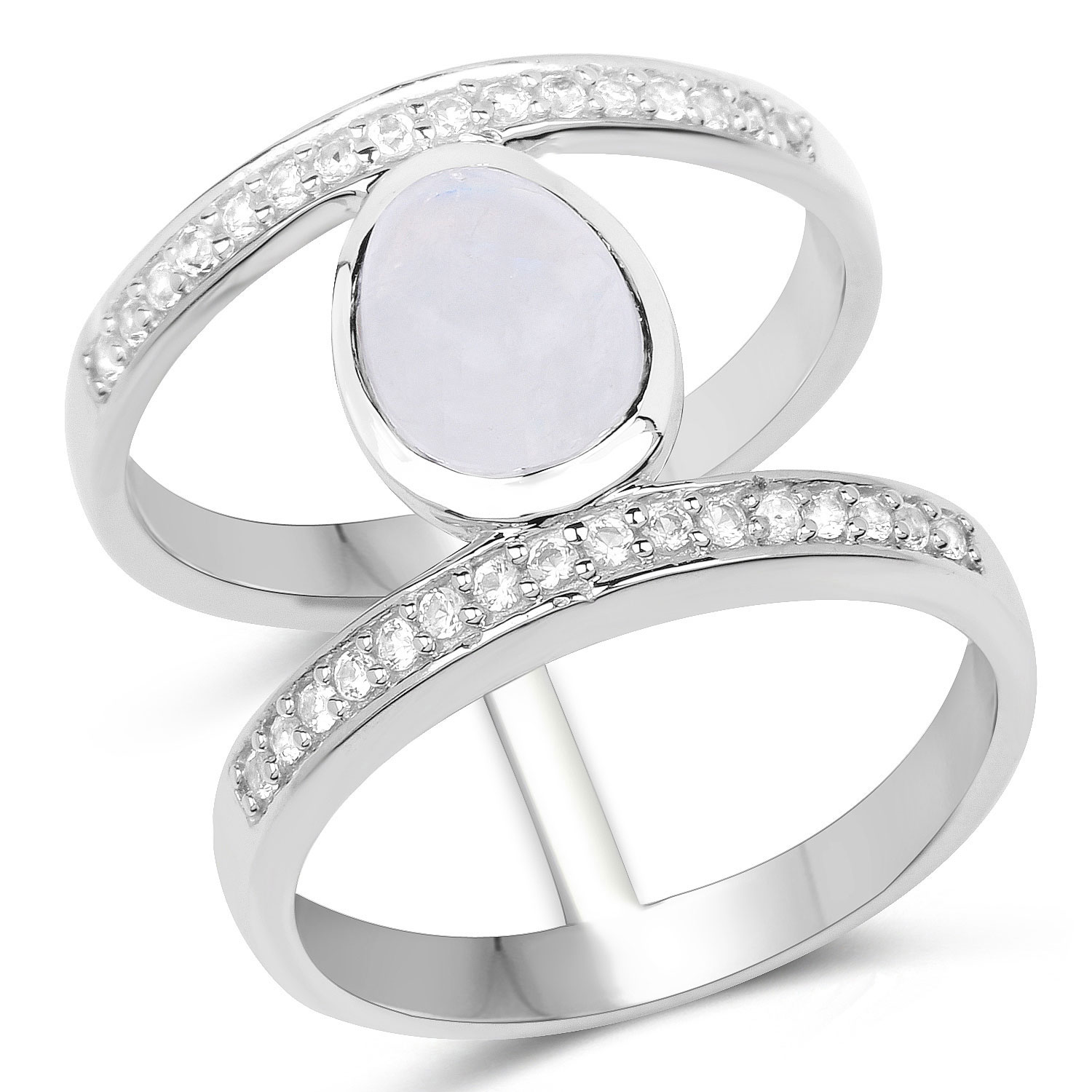 2.62 Carat Genuine White Rainbow Moonstone And White Topaz .925 Sterling Silver Ring