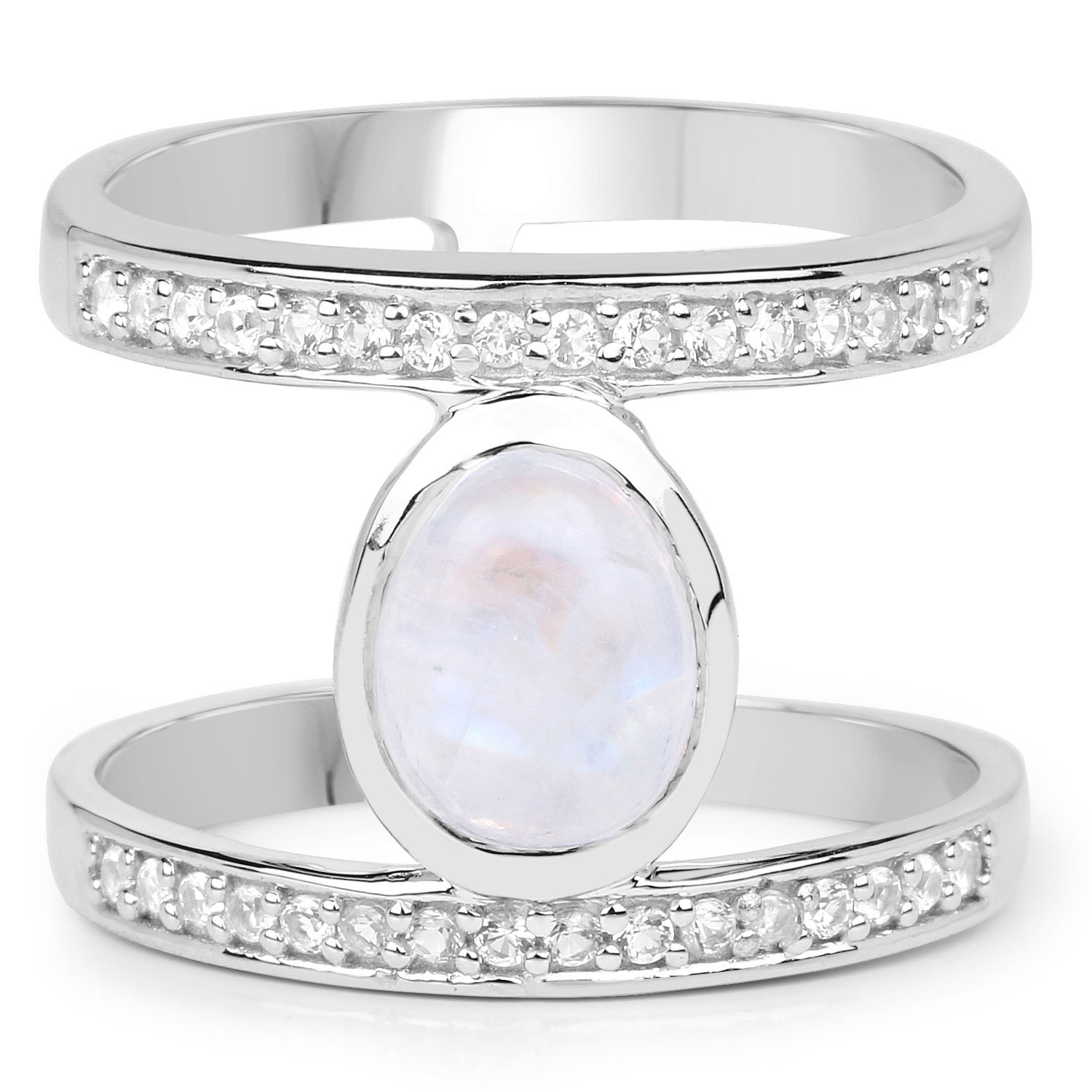 2.62 Carat Genuine White Rainbow Moonstone And White Topaz .925 Sterling Silver Ring