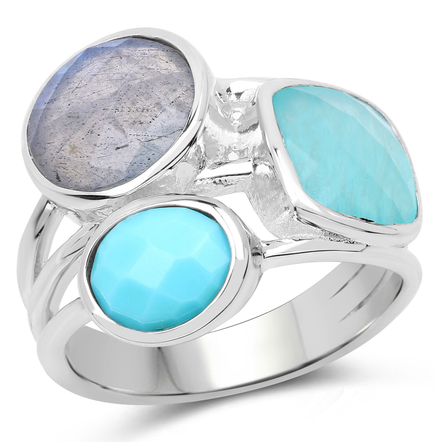 5.39 Carat Genuine Amazonite, Labradorite And Turquoise .925 Sterling Silver Ring