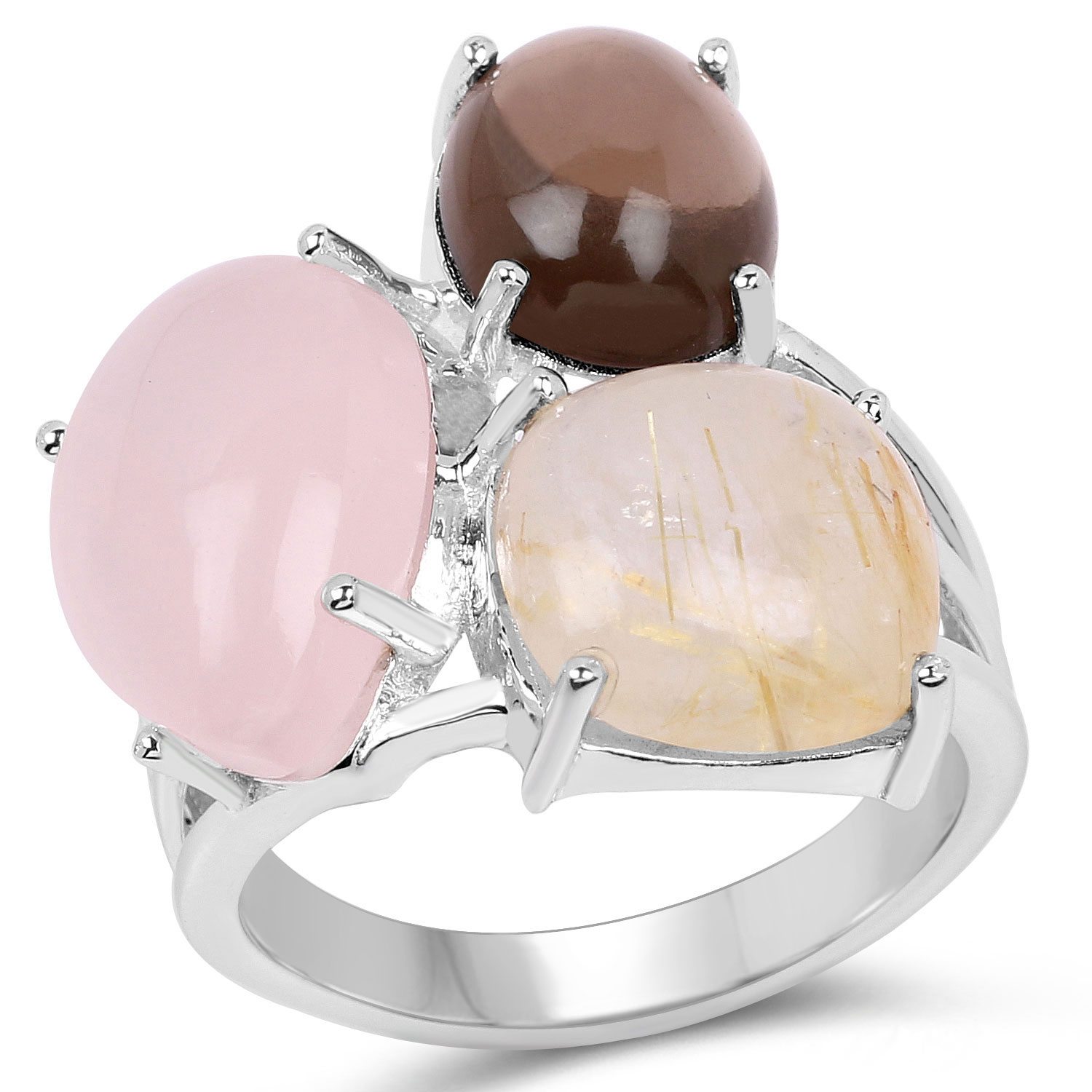 10.89 Carat Genuine Rose Quartz, Smoky Quartz And Golden Rutile .925 Sterling Silver Ring
