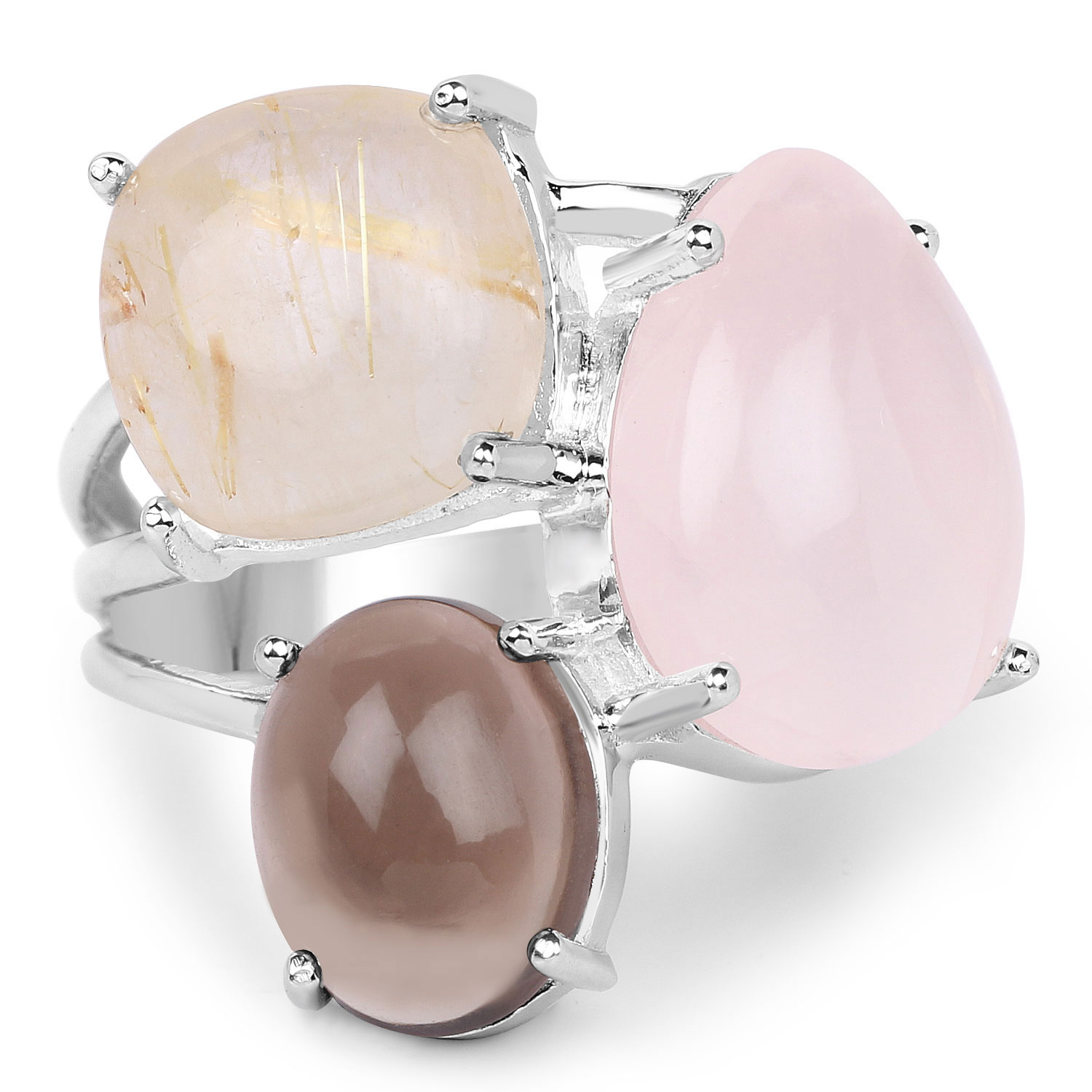10.89 Carat Genuine Rose Quartz, Smoky Quartz And Golden Rutile .925 Sterling Silver Ring