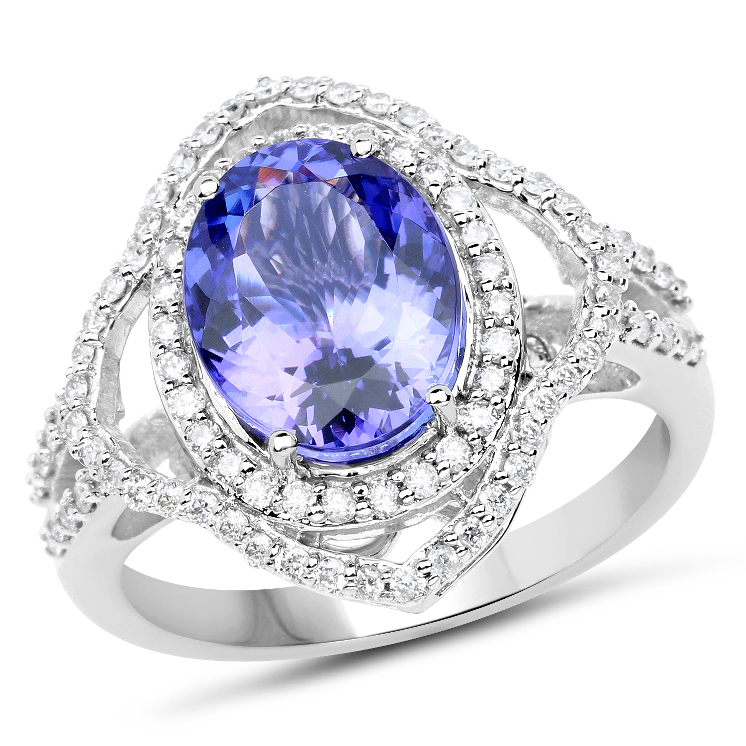 14K White Gold 4.28 Carat Genuine Tanzanite and White Diamond Ring