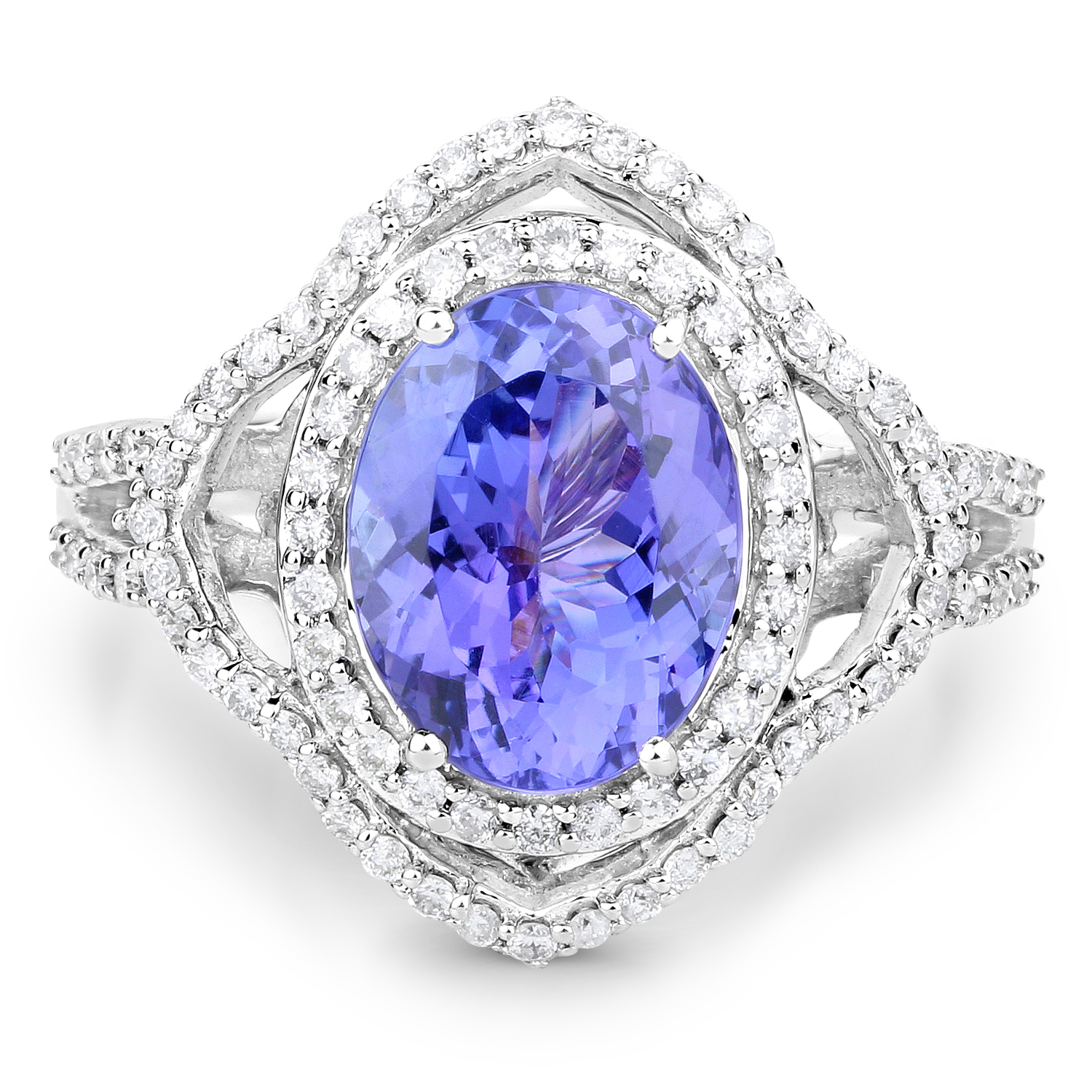 14K White Gold 4.28 Carat Genuine Tanzanite and White Diamond Ring