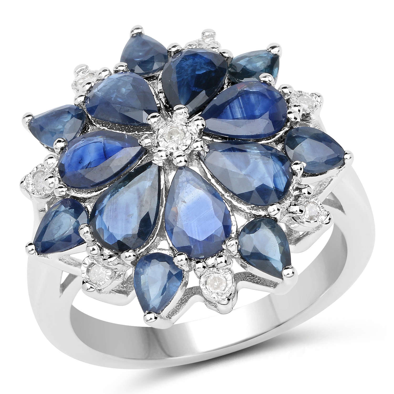 4.11 Carat Genuine Blue Sapphire and White Diamond .925 Sterling Silver Ring
