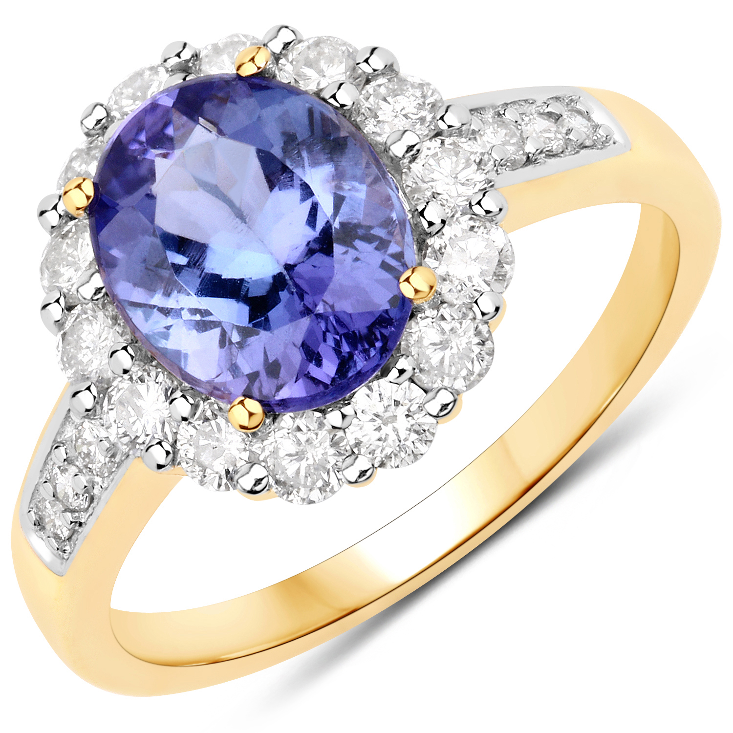 2.37 Carat Genuine Tanzanite and White Diamond 18K Yellow Gold Ring