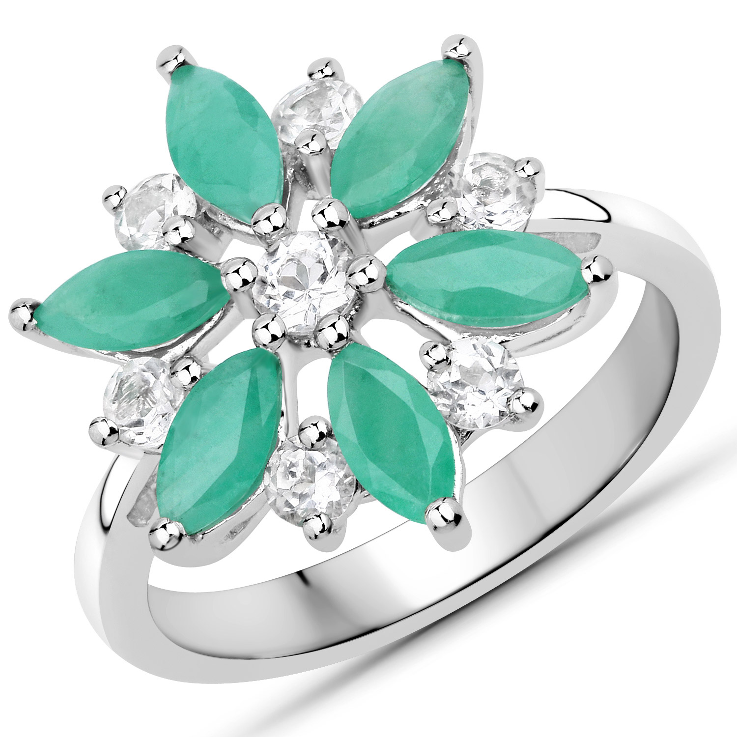 1.85 Carat Genuine Emerald and White Topaz .925 Sterling Silver Ring