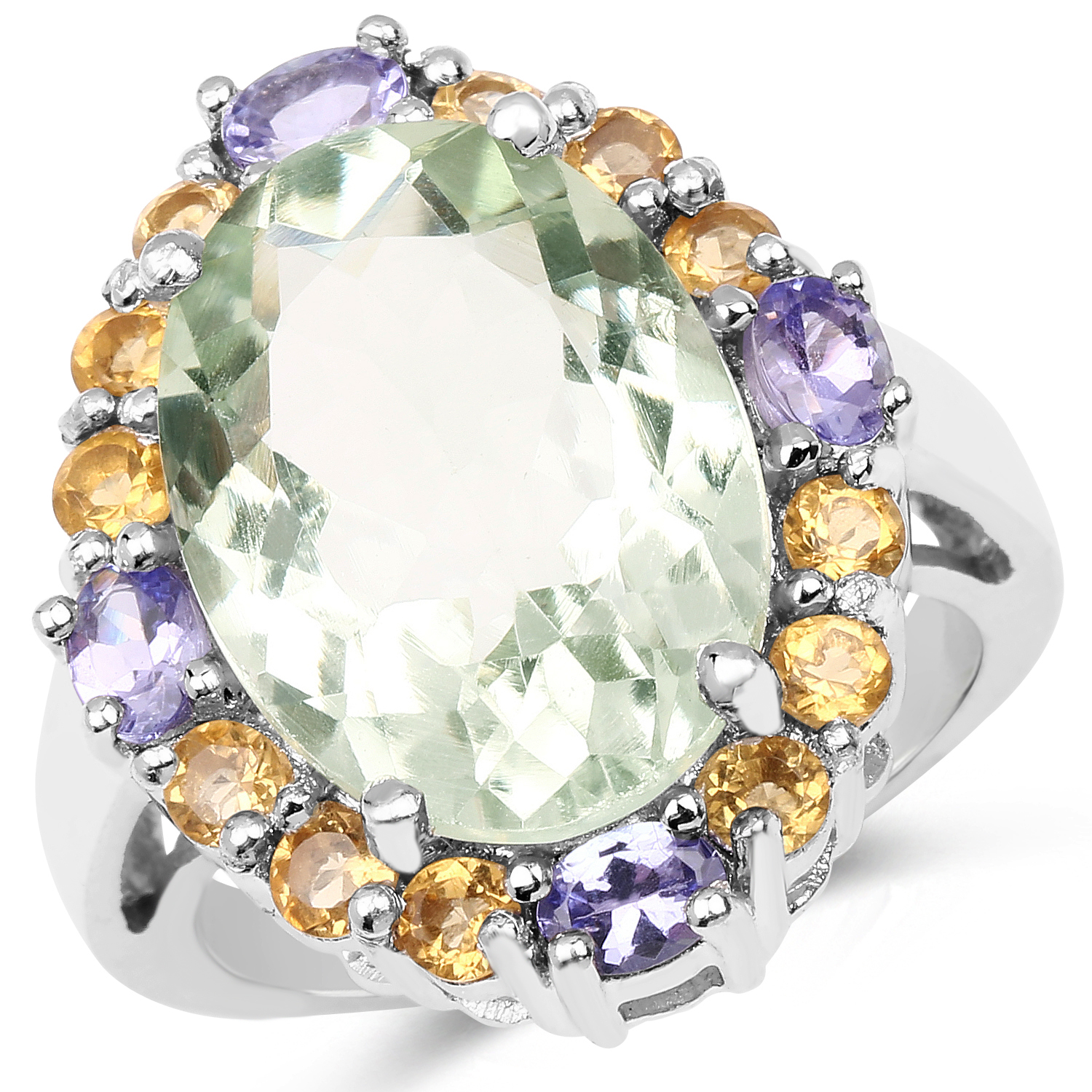 9.42 Carat Genuine Green Amethyst, Citrine and Tanzanite .925 Sterling Silver Ring