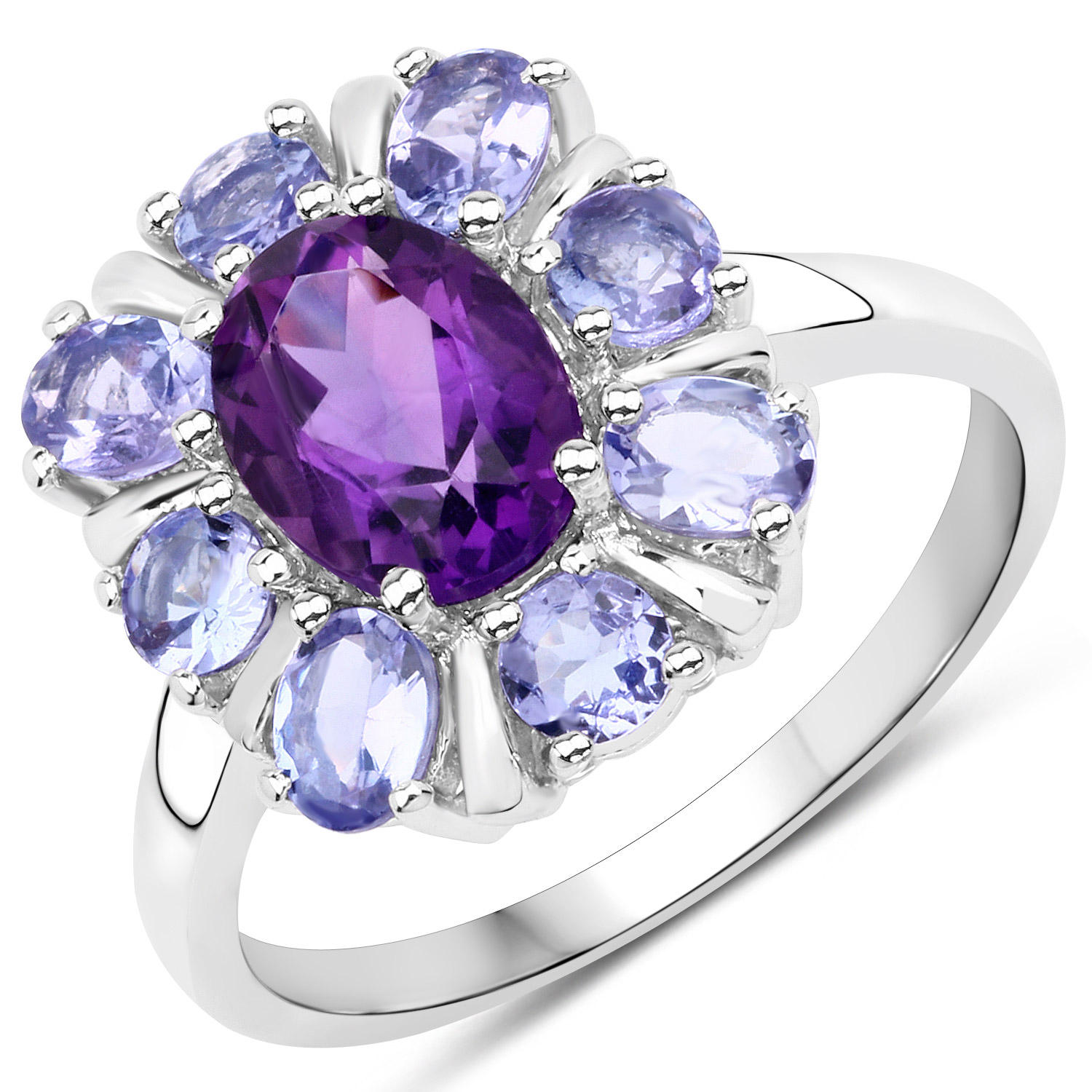 2.23 Carat Genuine Amethyst and Tanzanite .925 Sterling Silver Ring