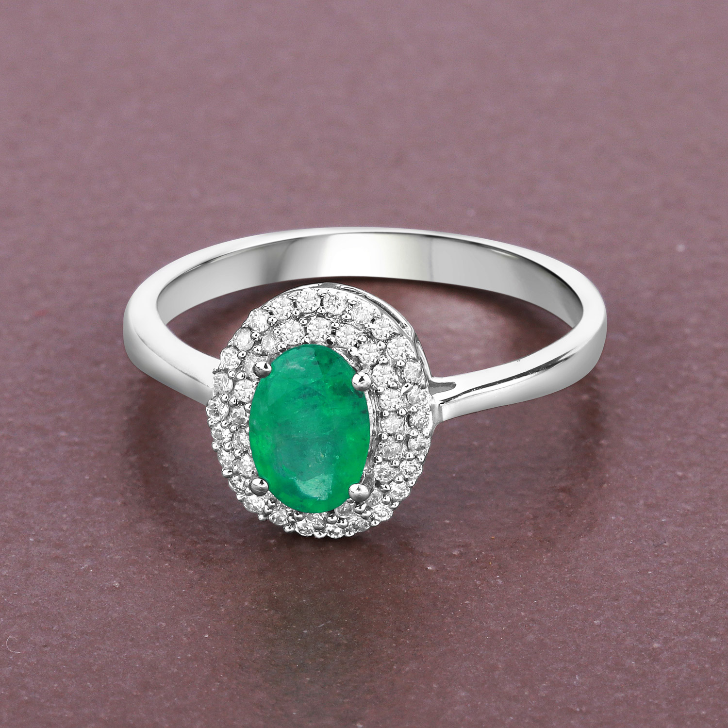 0.88 Carat Genuine Zambian Emerald and White Diamond 14K White Gold Ring