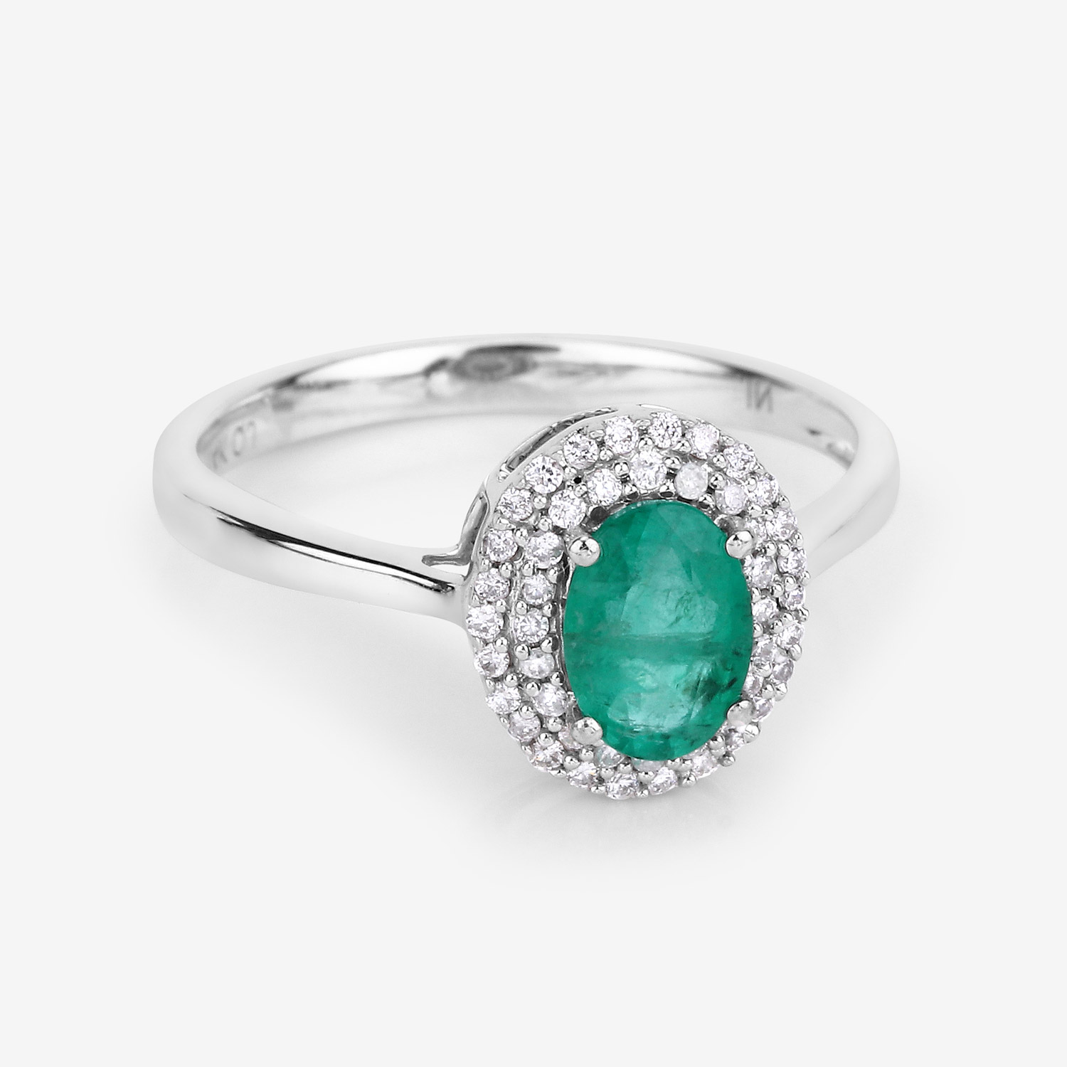 0.88 Carat Genuine Zambian Emerald and White Diamond 14K White Gold Ring
