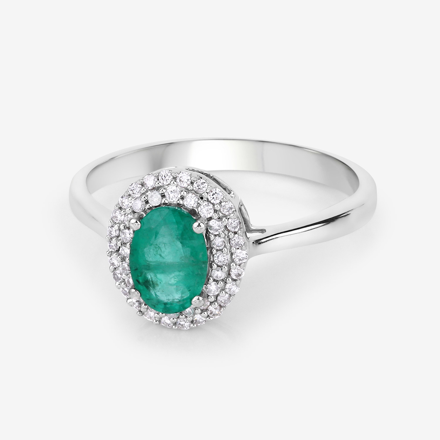 0.88 Carat Genuine Zambian Emerald and White Diamond 14K White Gold Ring