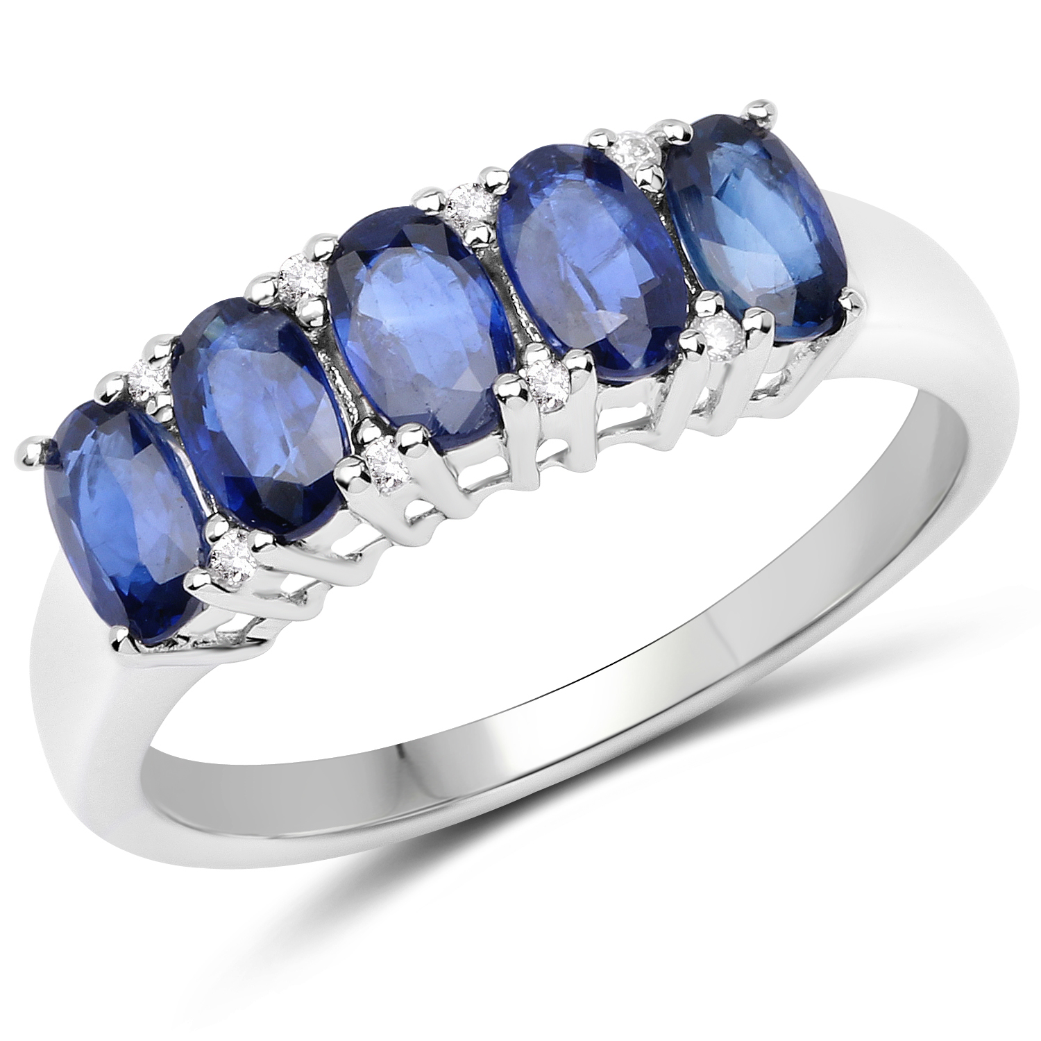 1.54 Carat Genuine Blue Sapphire and White Diamond 14K White Gold Ring