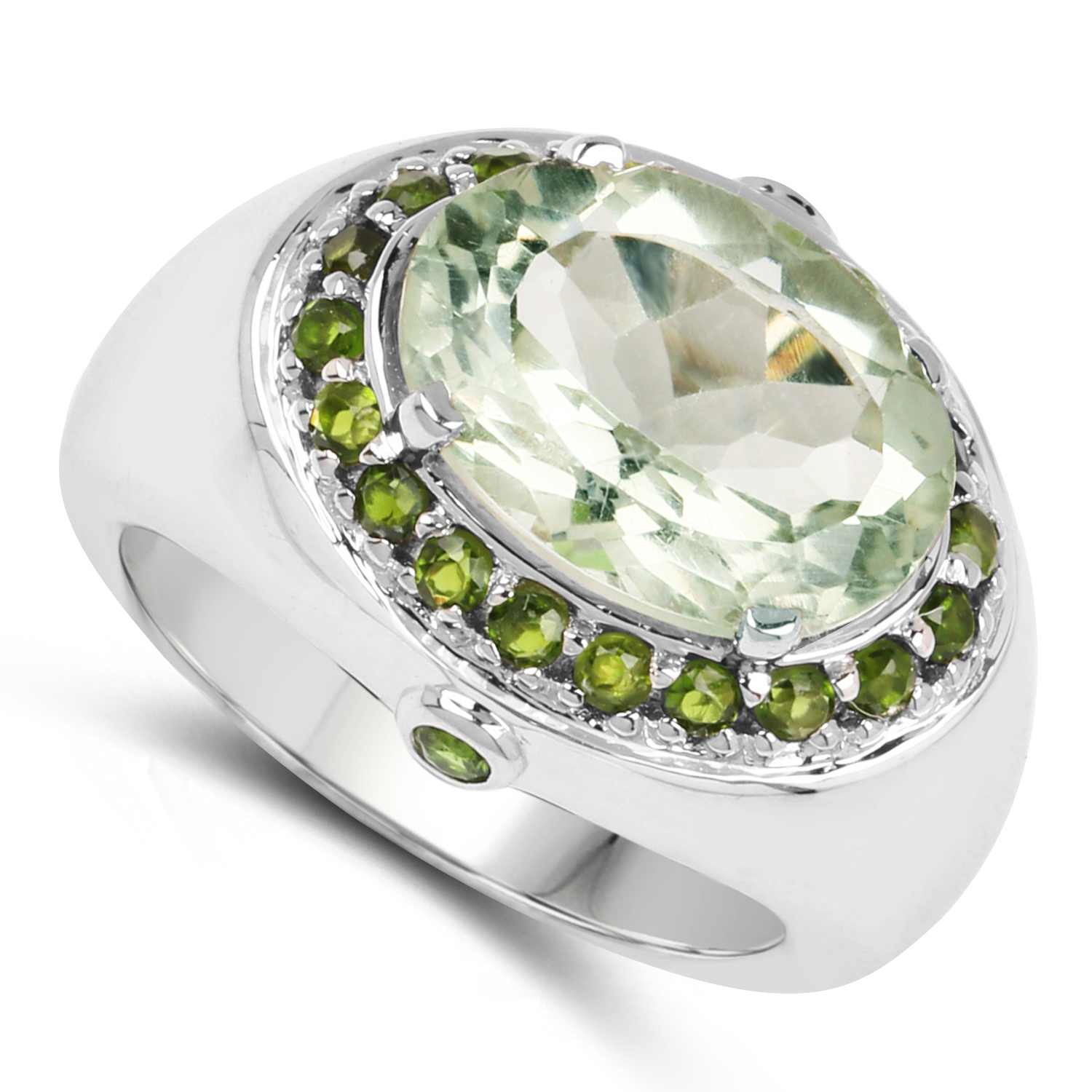 6.09 Carat Genuine Green Amethyst and Chrome Diopside .925 Sterling Silver Ring