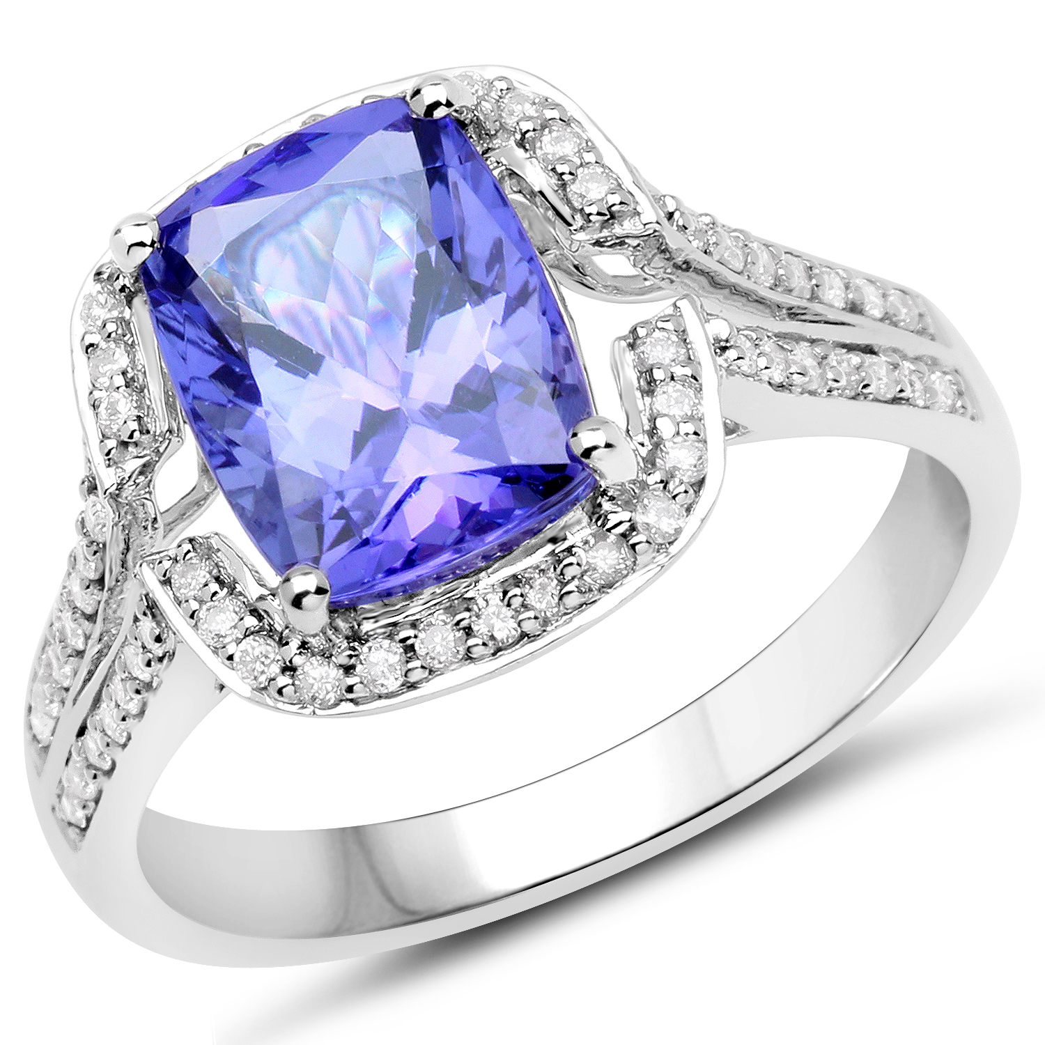 14K White Gold 3.35 Carat Genuine Tanzanite and White Diamond Ring