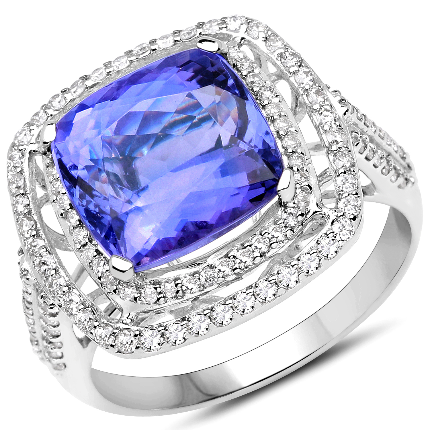14K White Gold 6.24 Carat Genuine Tanzanite and White Diamond Ring