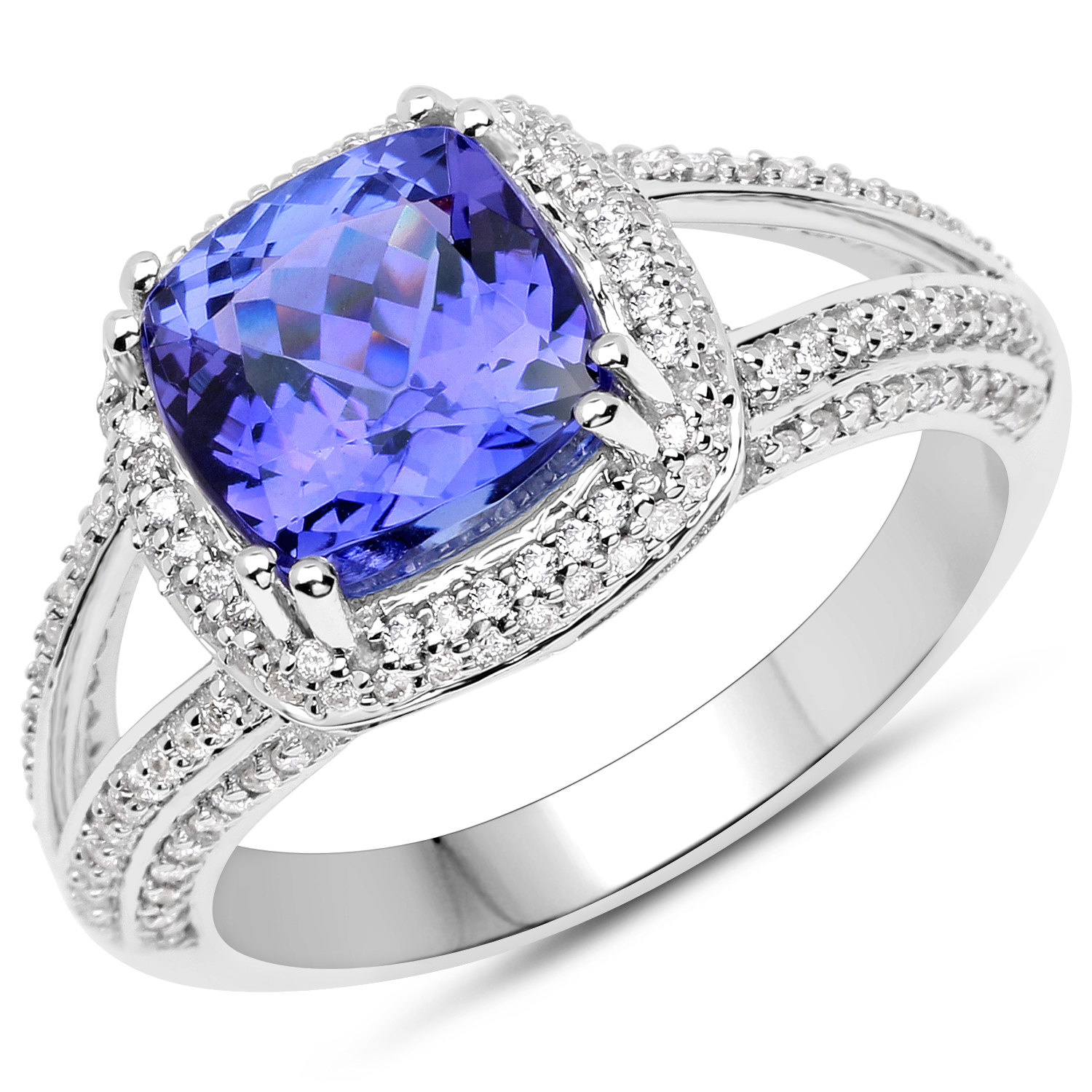 14K White Gold 3.67 Carat Genuine Tanzanite and White Diamond Ring