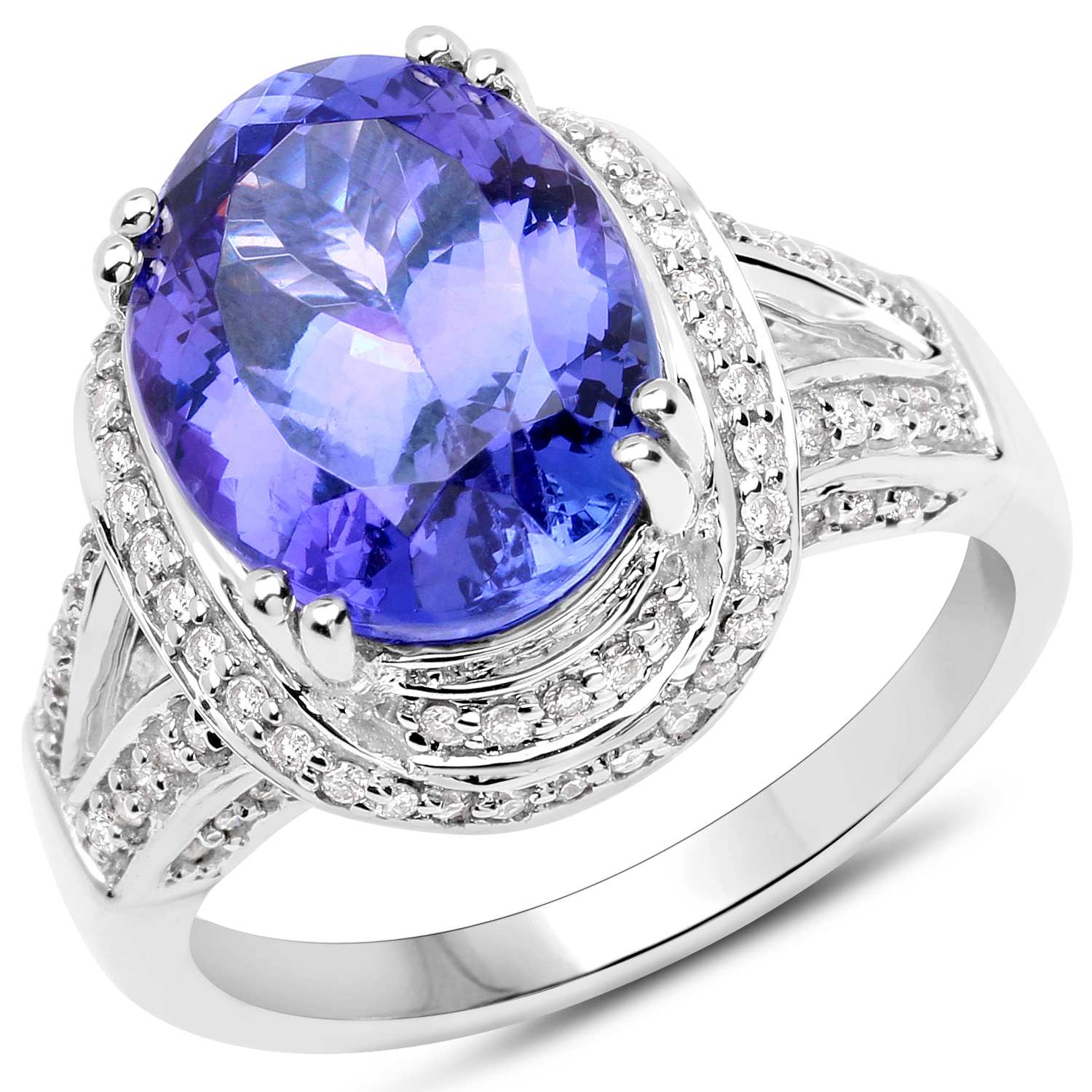 14K White Gold 6.47 Carat Genuine Tanzanite and White Diamond Ring