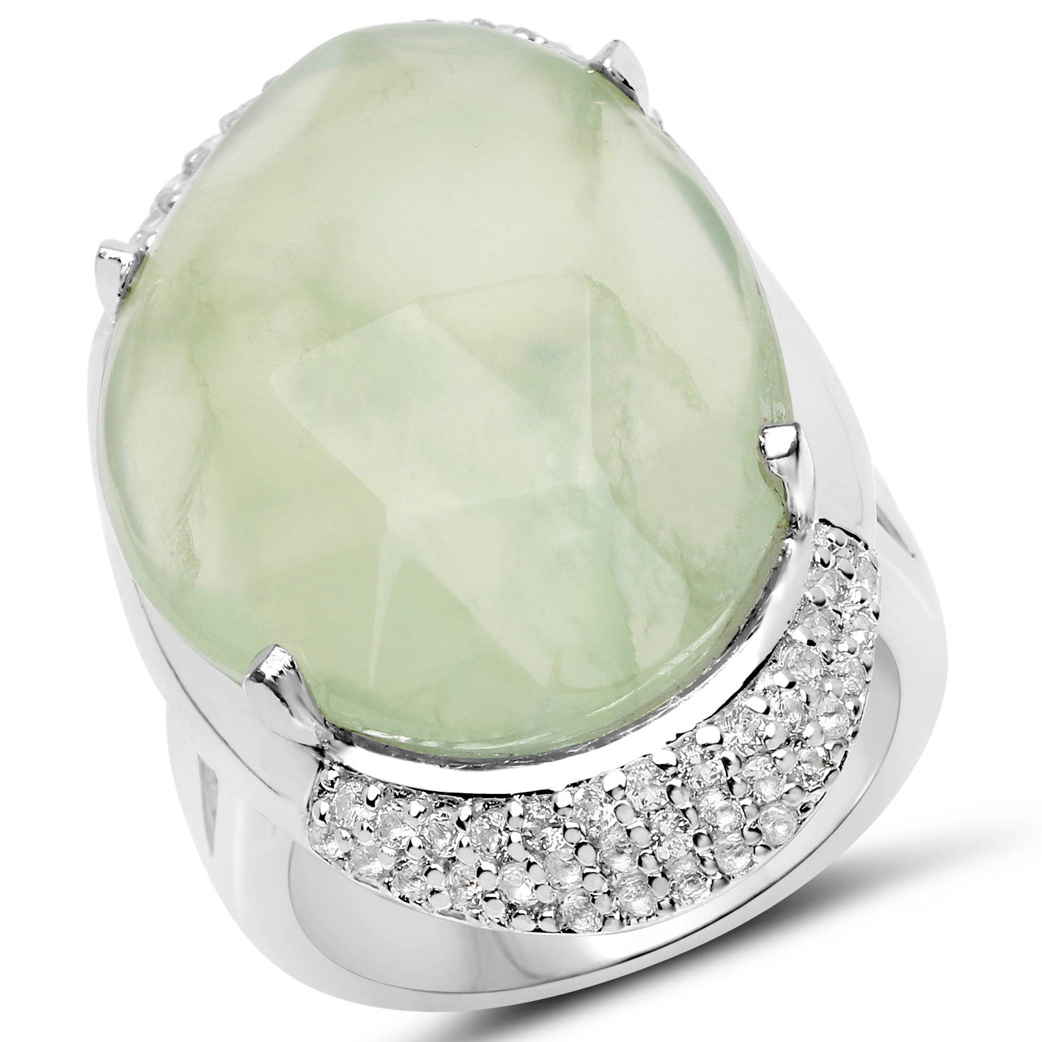 22.22 Carat Genuine Prehnite and White Topaz .925 Sterling Silver Ring