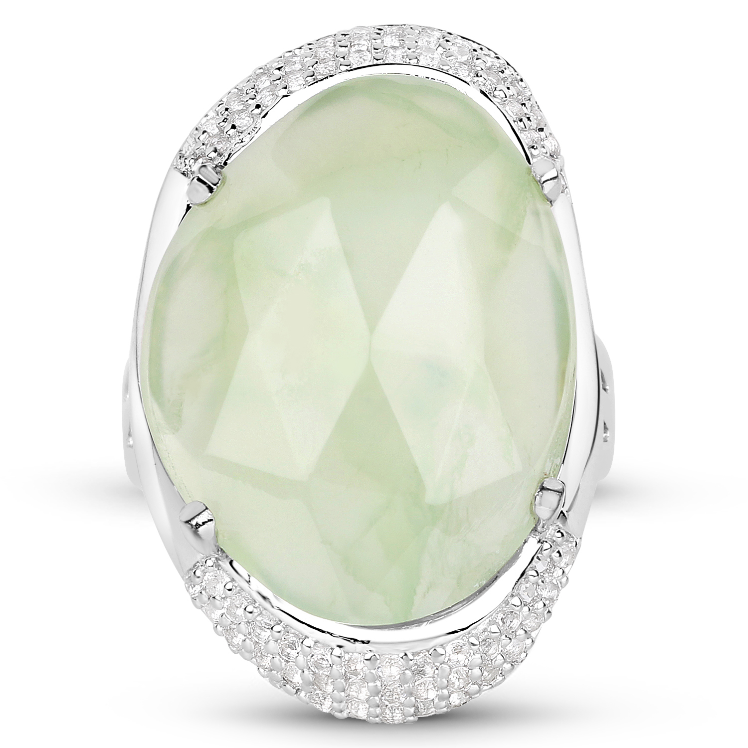 22.22 Carat Genuine Prehnite and White Topaz .925 Sterling Silver Ring