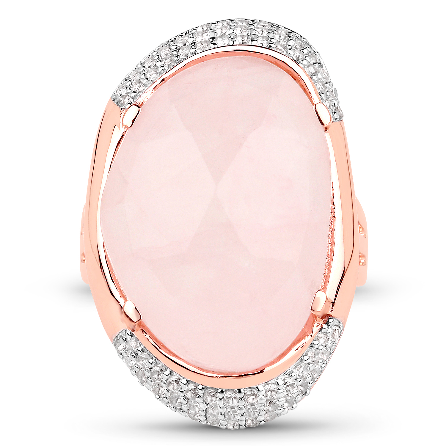 14K Rose Gold Plated 16.88 Carat Genuine Rose Quartz and White Topaz .925 Sterling Silver Ring