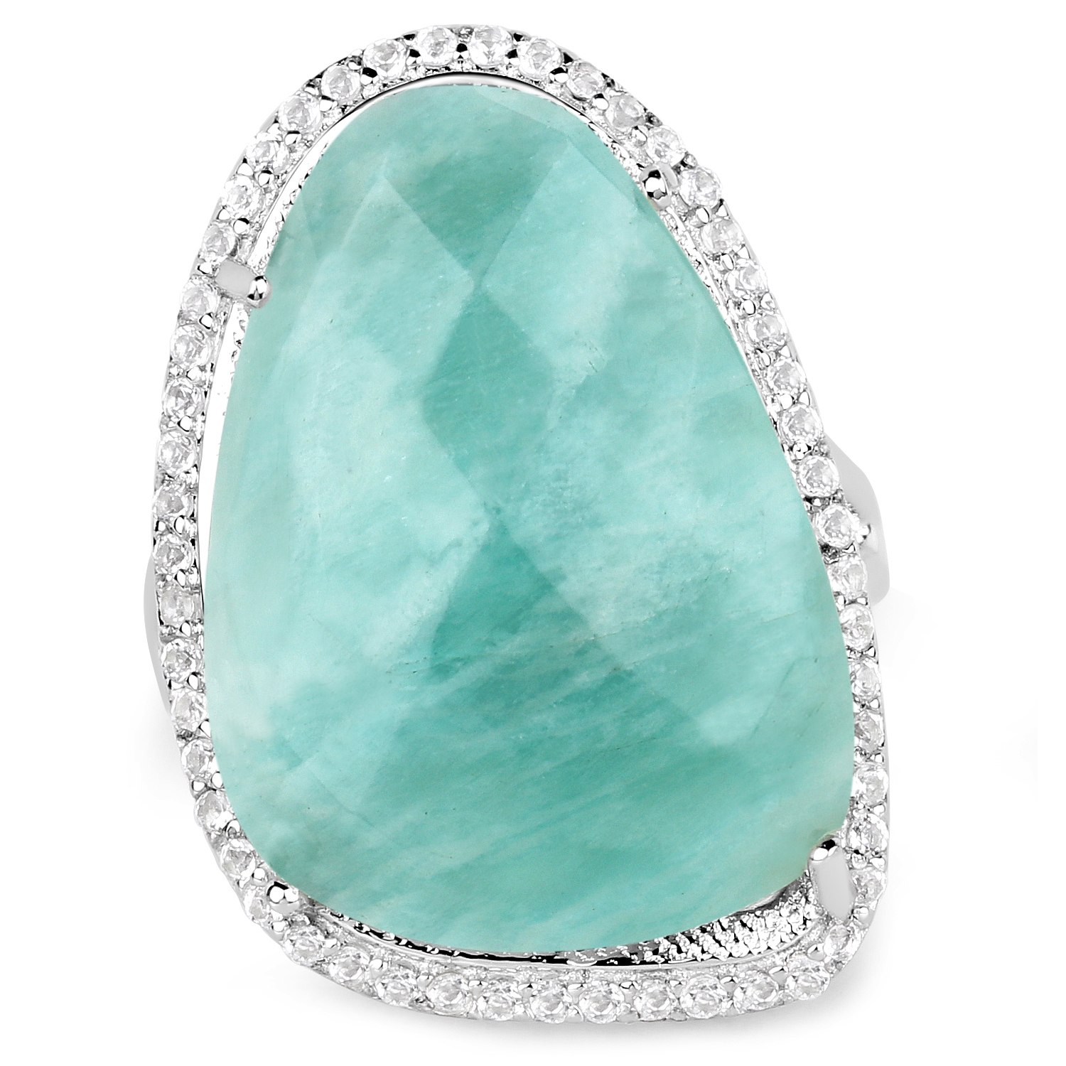 26.34 Carat Genuine Amazonite and White Topaz .925 Sterling Silver Ring