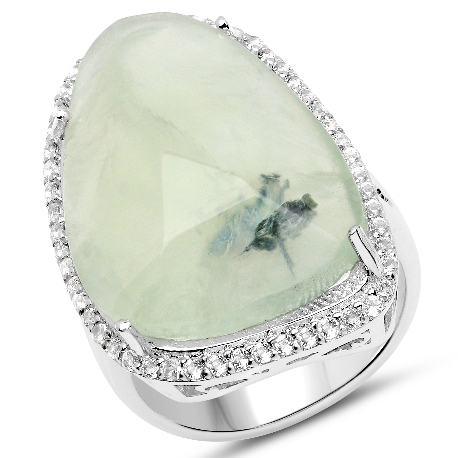 19.81 Carat Genuine Prehnite and White Topaz .925 Sterling Silver Ring