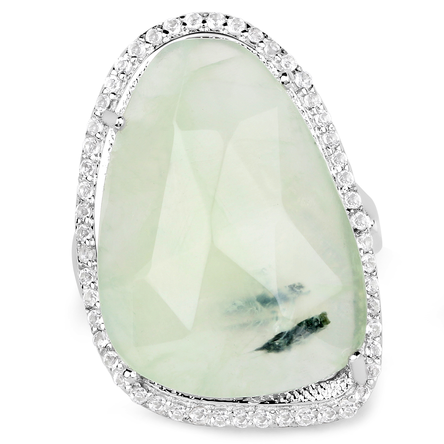 19.81 Carat Genuine Prehnite and White Topaz .925 Sterling Silver Ring