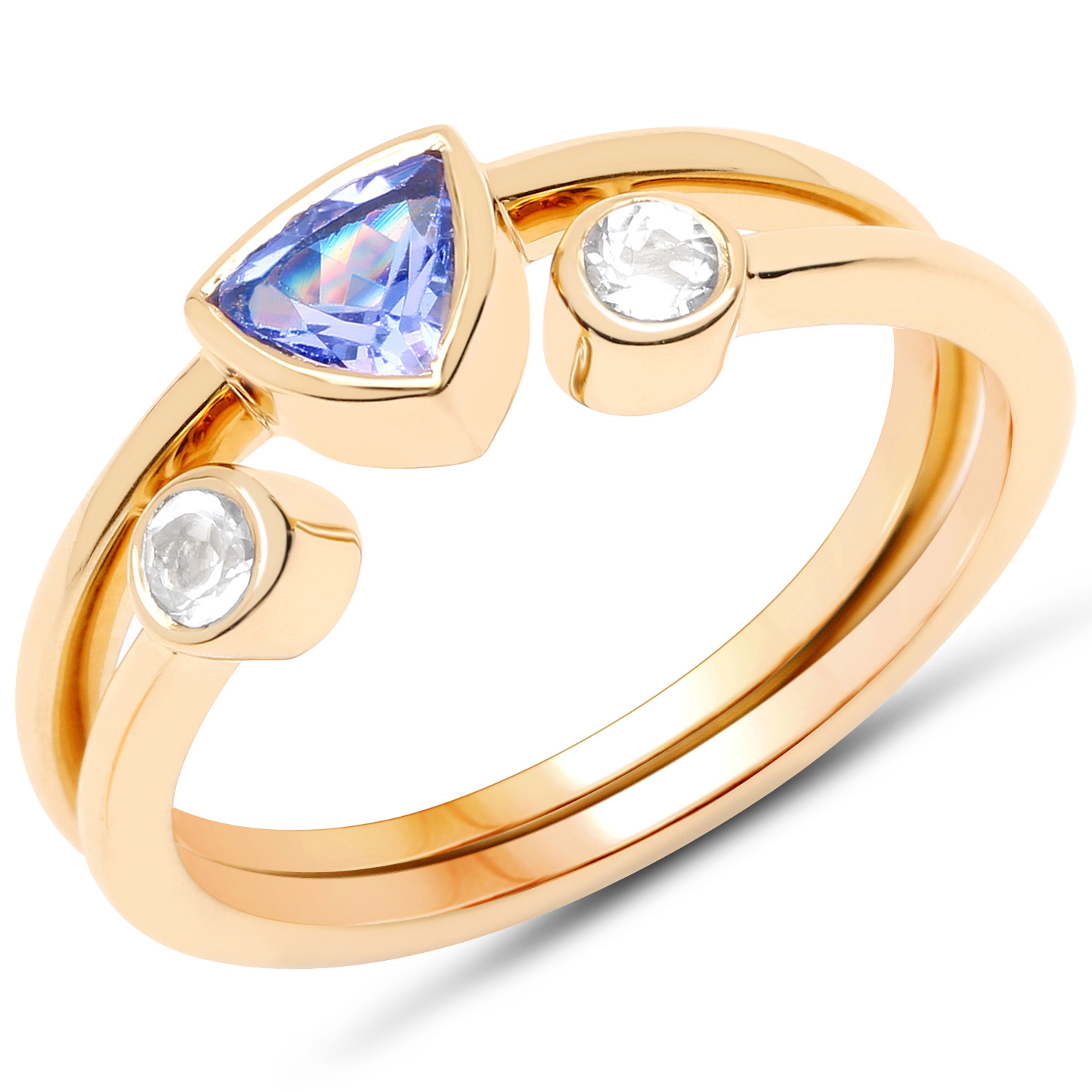 18K Yellow Gold Plated 0.59 Carat Genuine Tanzanite and White Topaz .925 Sterling Silver Ring