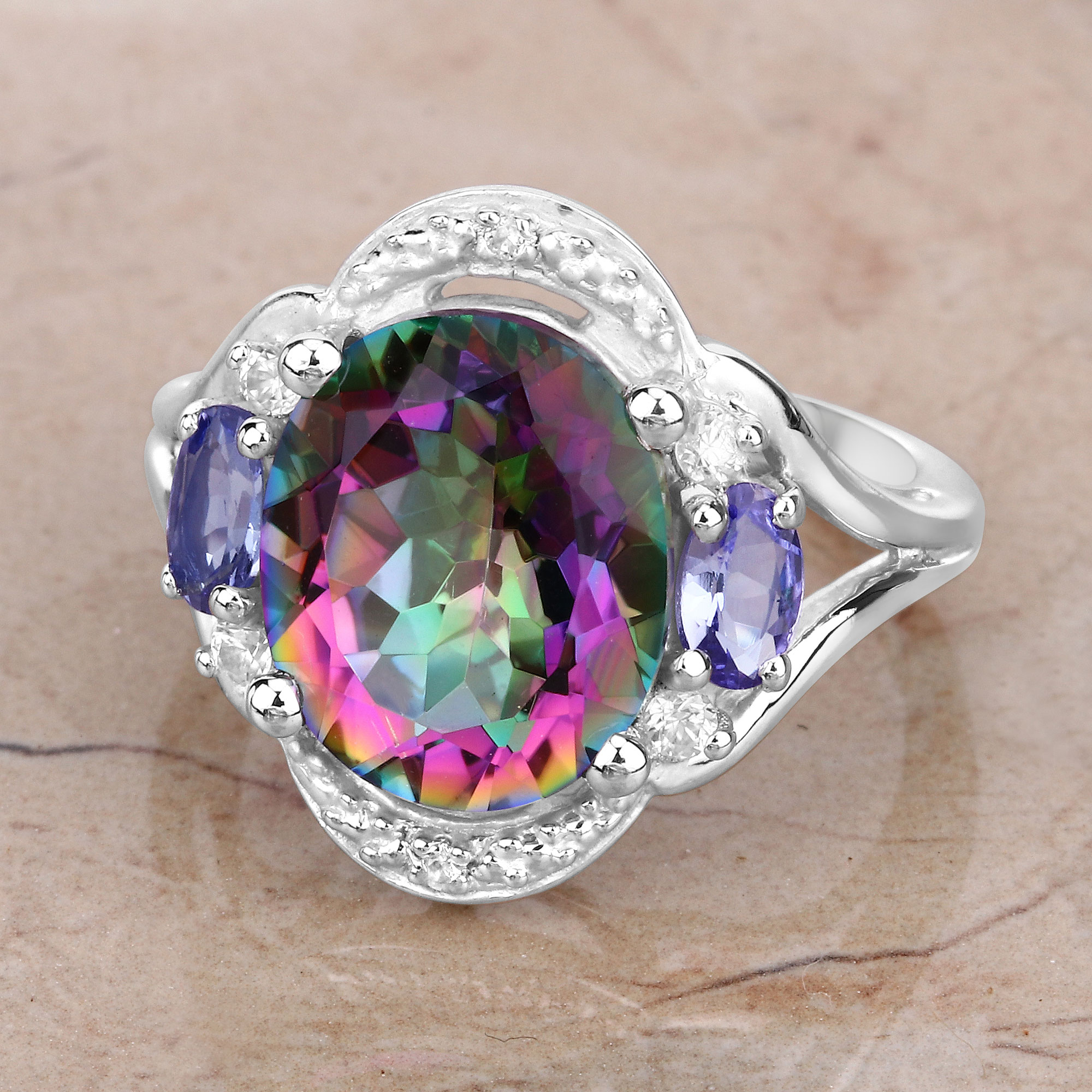 4.74 Carat Genuine Rainbow Quartz, Tanzanite and White Zircon .925 