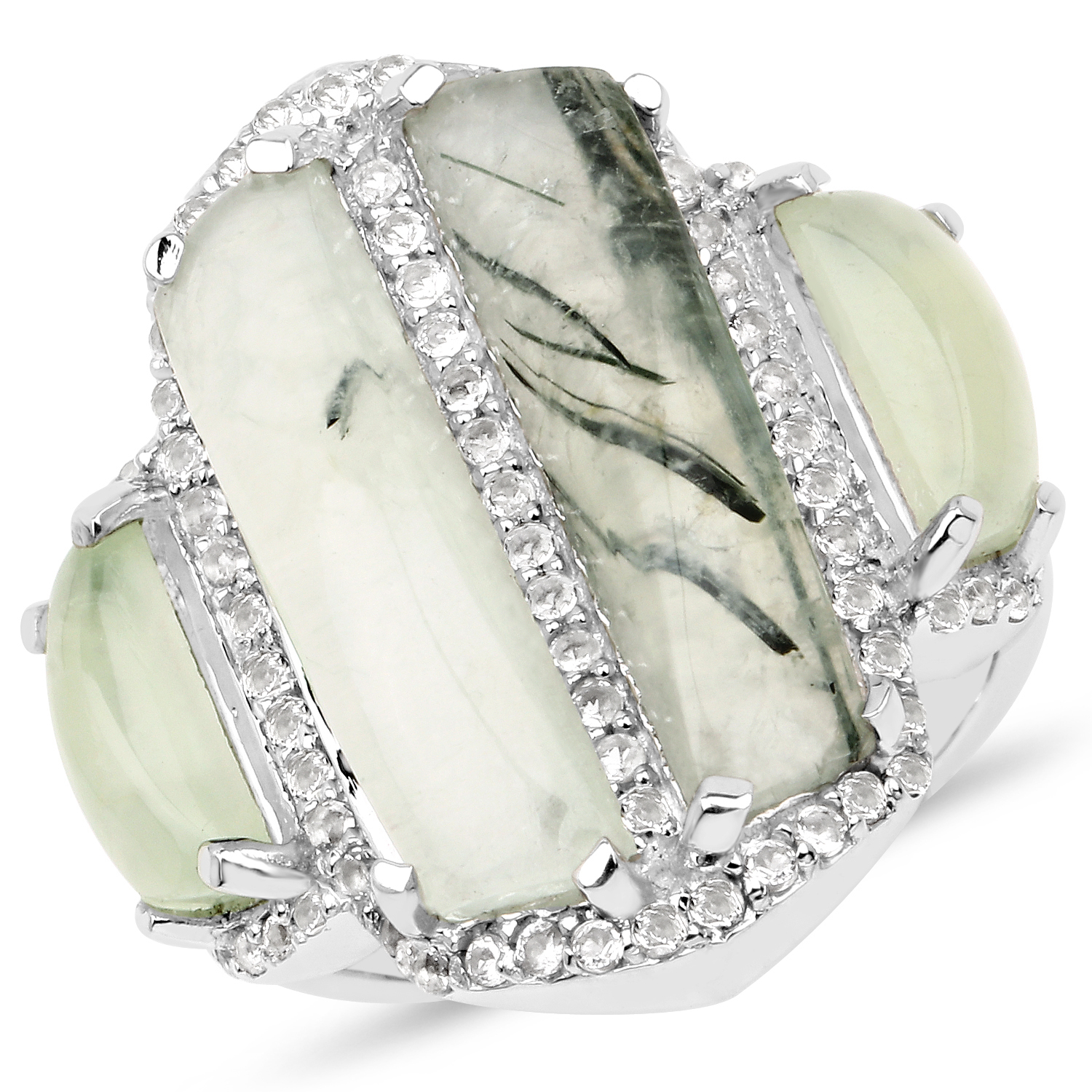 8.54 Carat Genuine Prehnite and White Topaz .925 Sterling Silver Ring