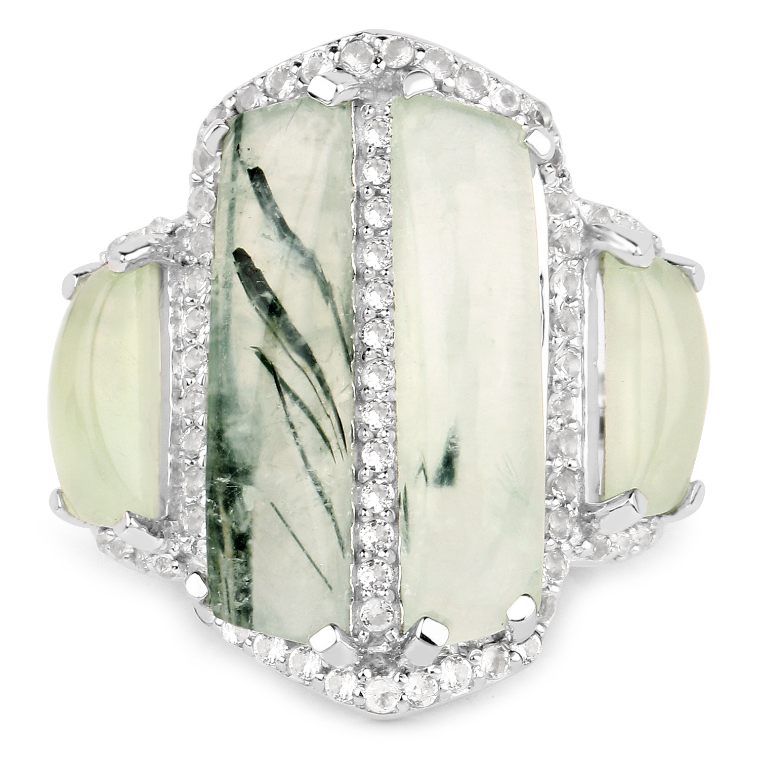 8.54 Carat Genuine Prehnite and White Topaz .925 Sterling Silver Ring