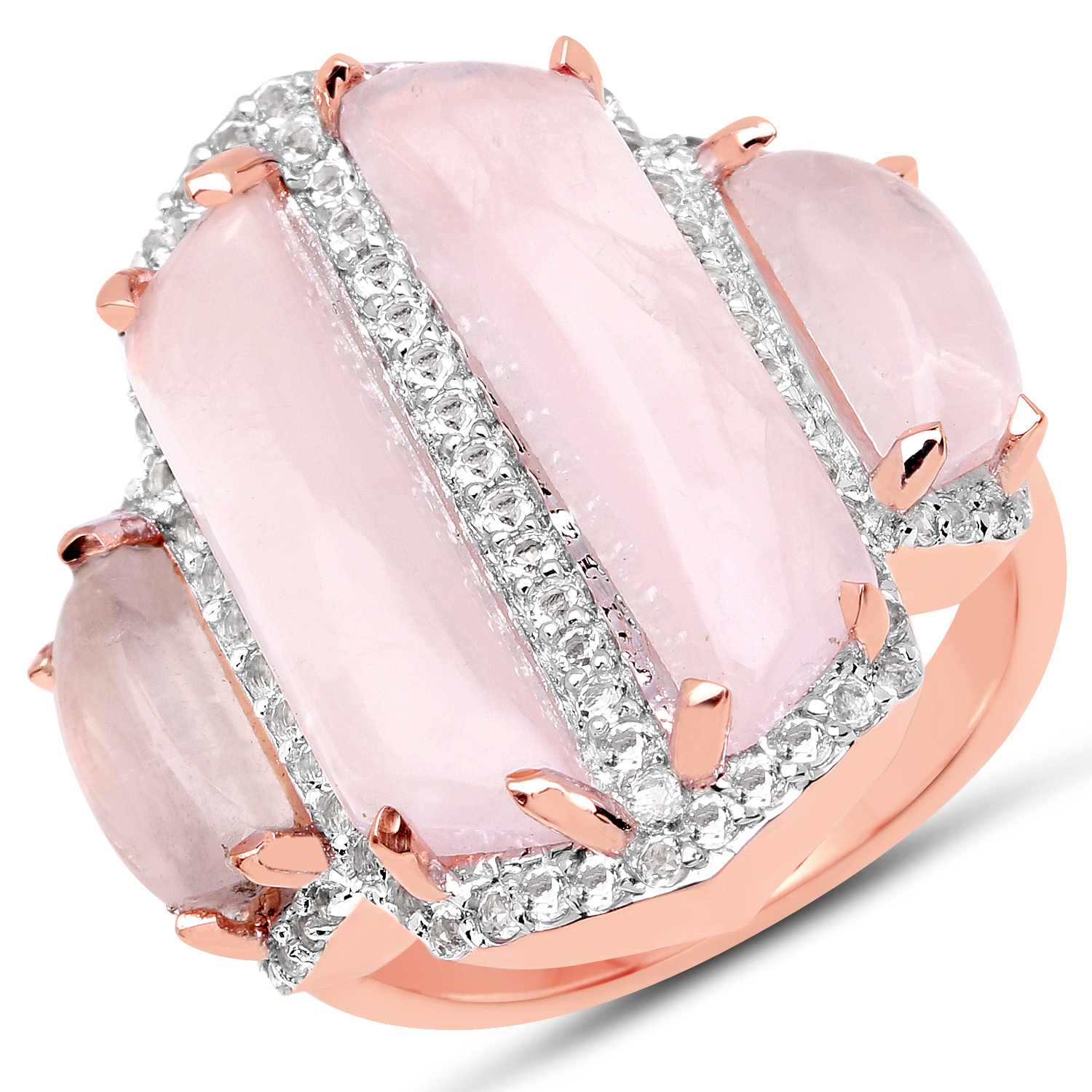 18K Rose Gold Plated 12.52 Carat Genuine Rose Quartz and White Topaz .925 Sterling Silver Ring