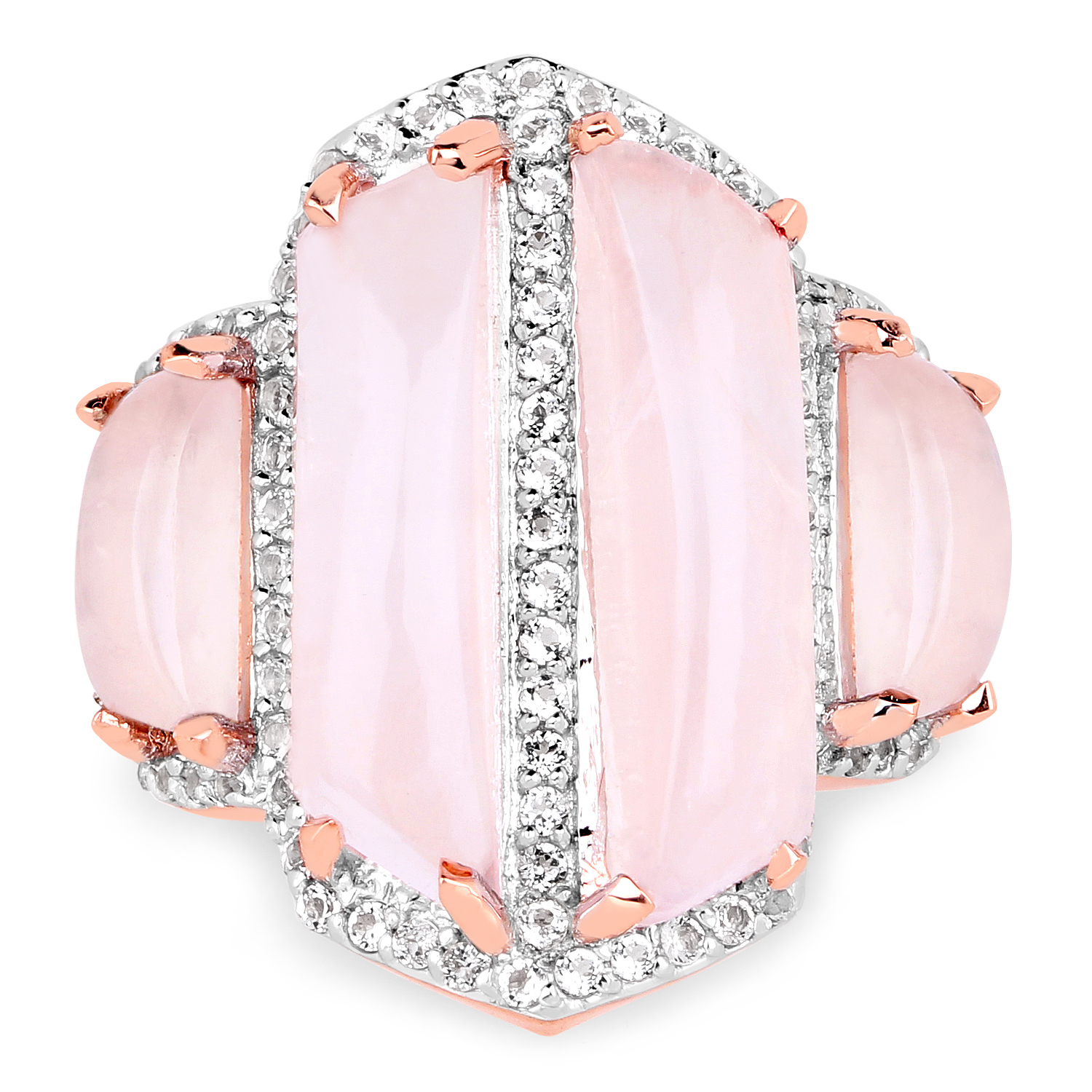 18K Rose Gold Plated 12.52 Carat Genuine Rose Quartz and White Topaz .925 Sterling Silver Ring