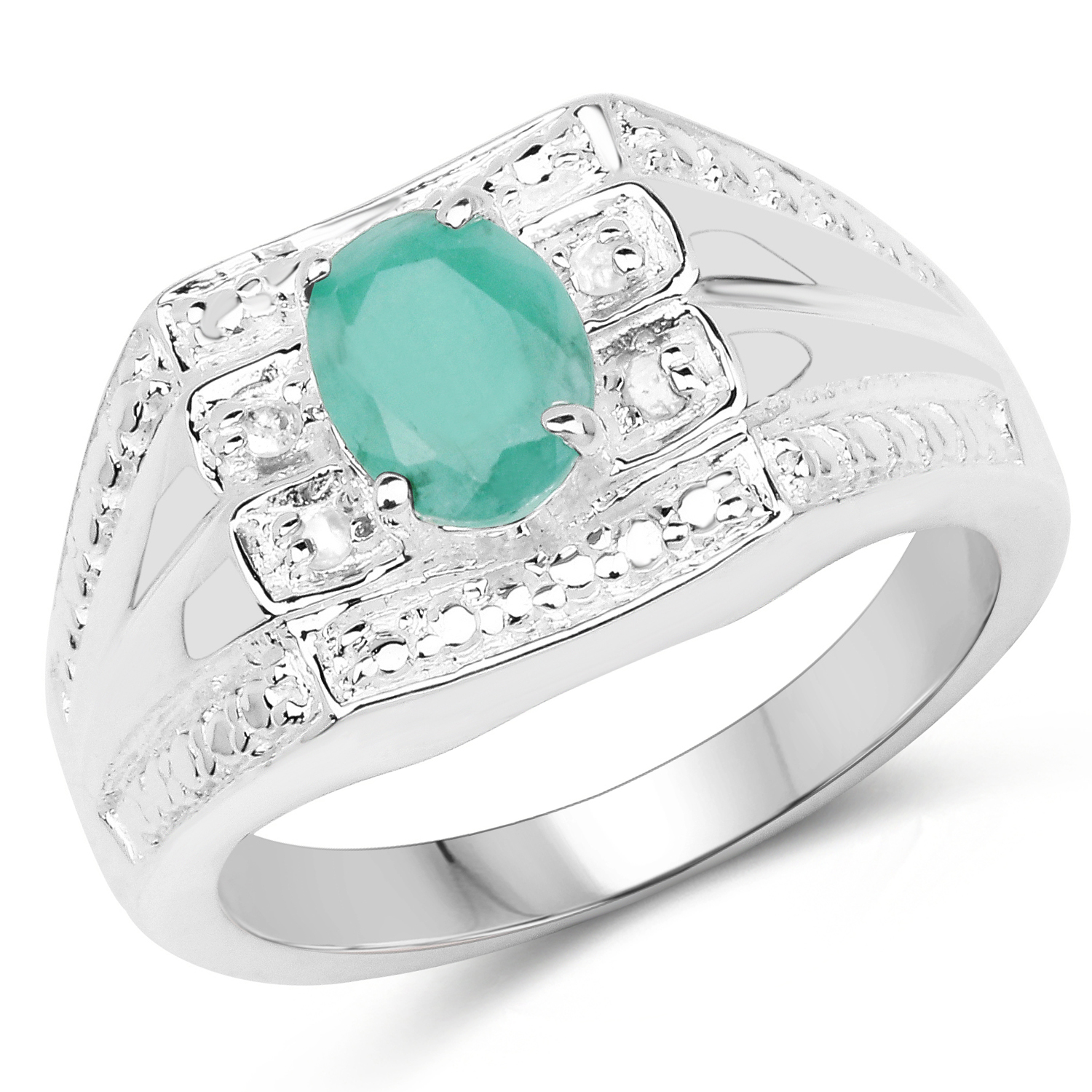 0.68 Carat Genuine Emerald and White Diamond .925 Sterling Silver Ring