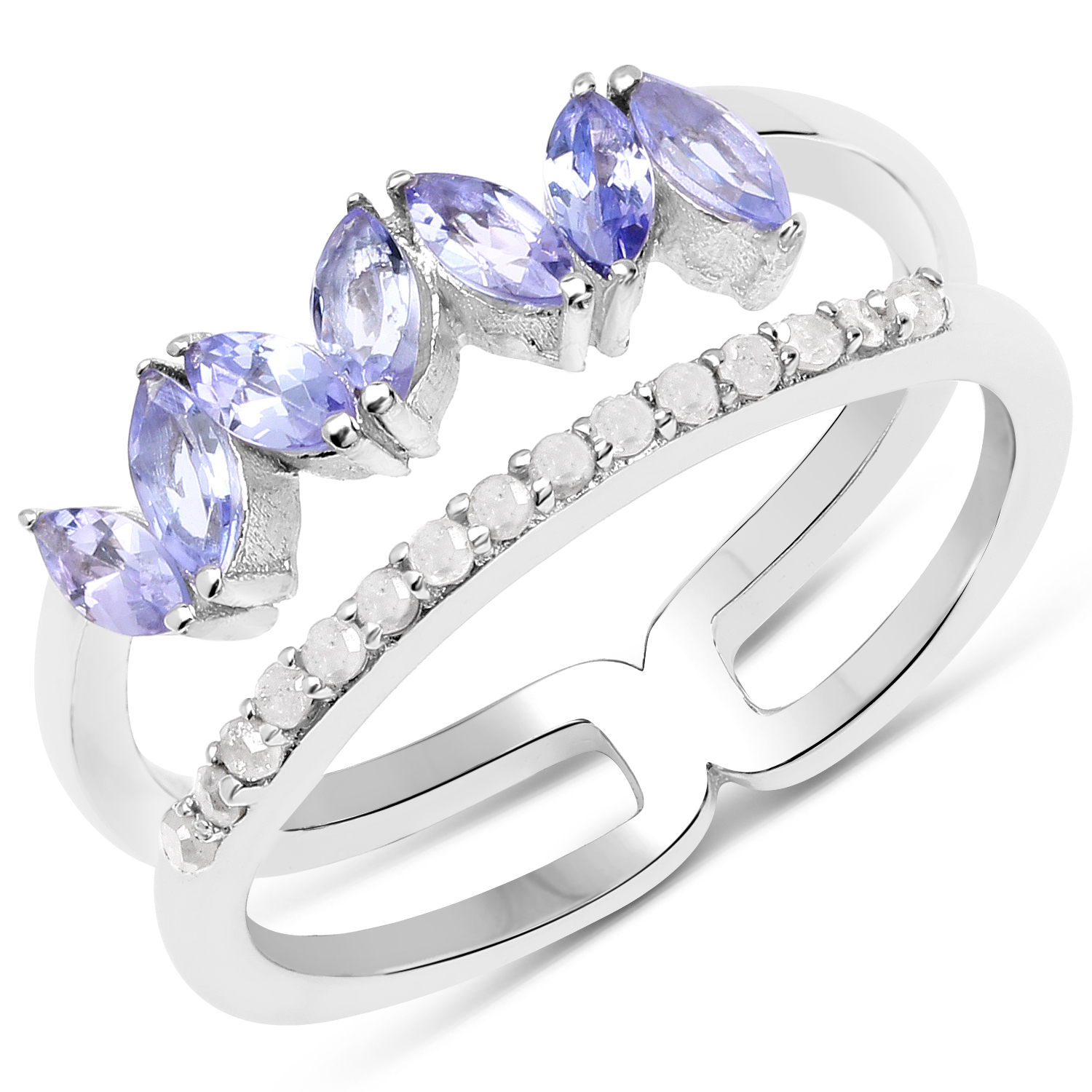 0.68 Carat Genuine Tanzanite and White Diamond .925 Sterling Silver Ring