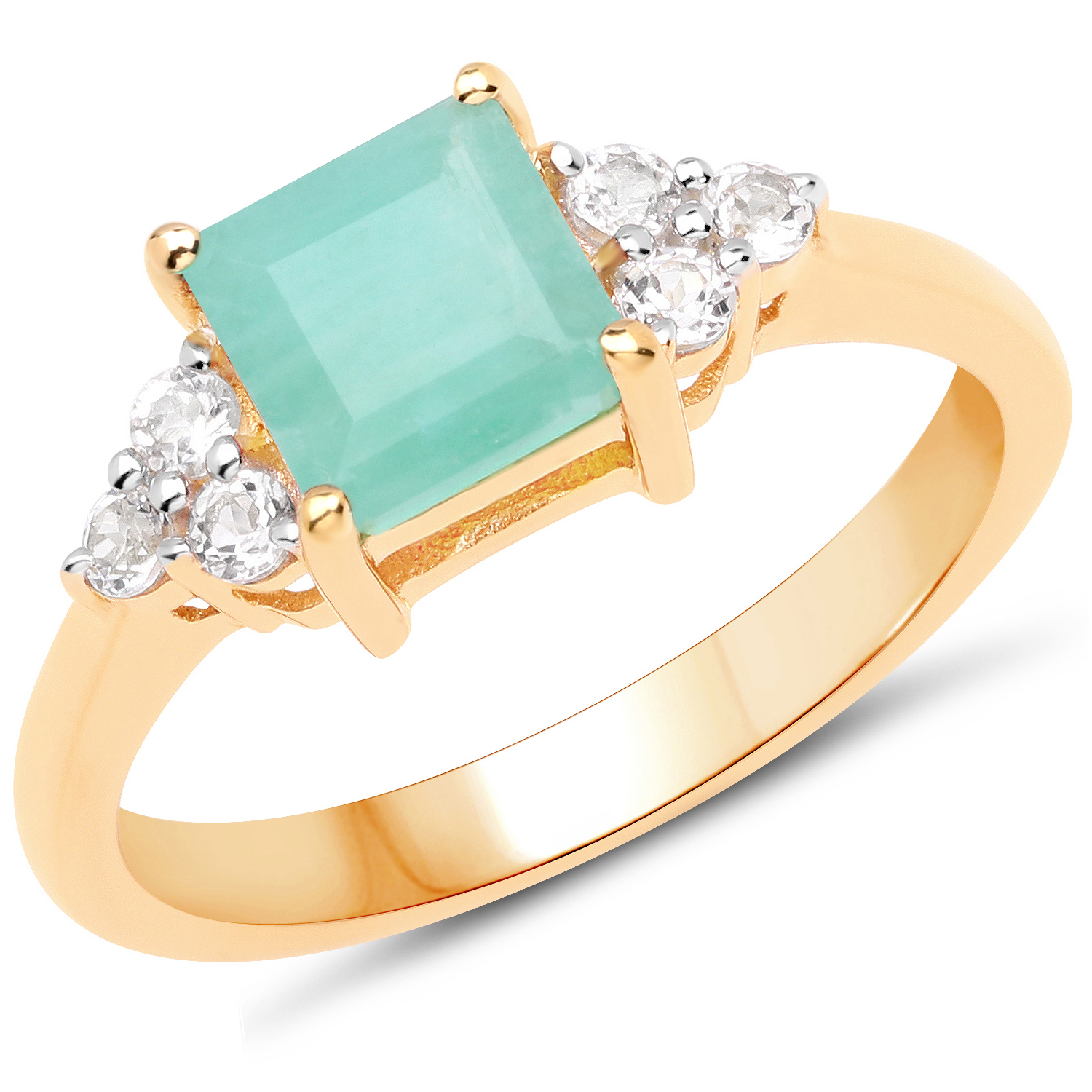 18K Yellow Gold Plated 1.24 Carat Genuine Emerald and White Topaz .925 Sterling Silver Ring
