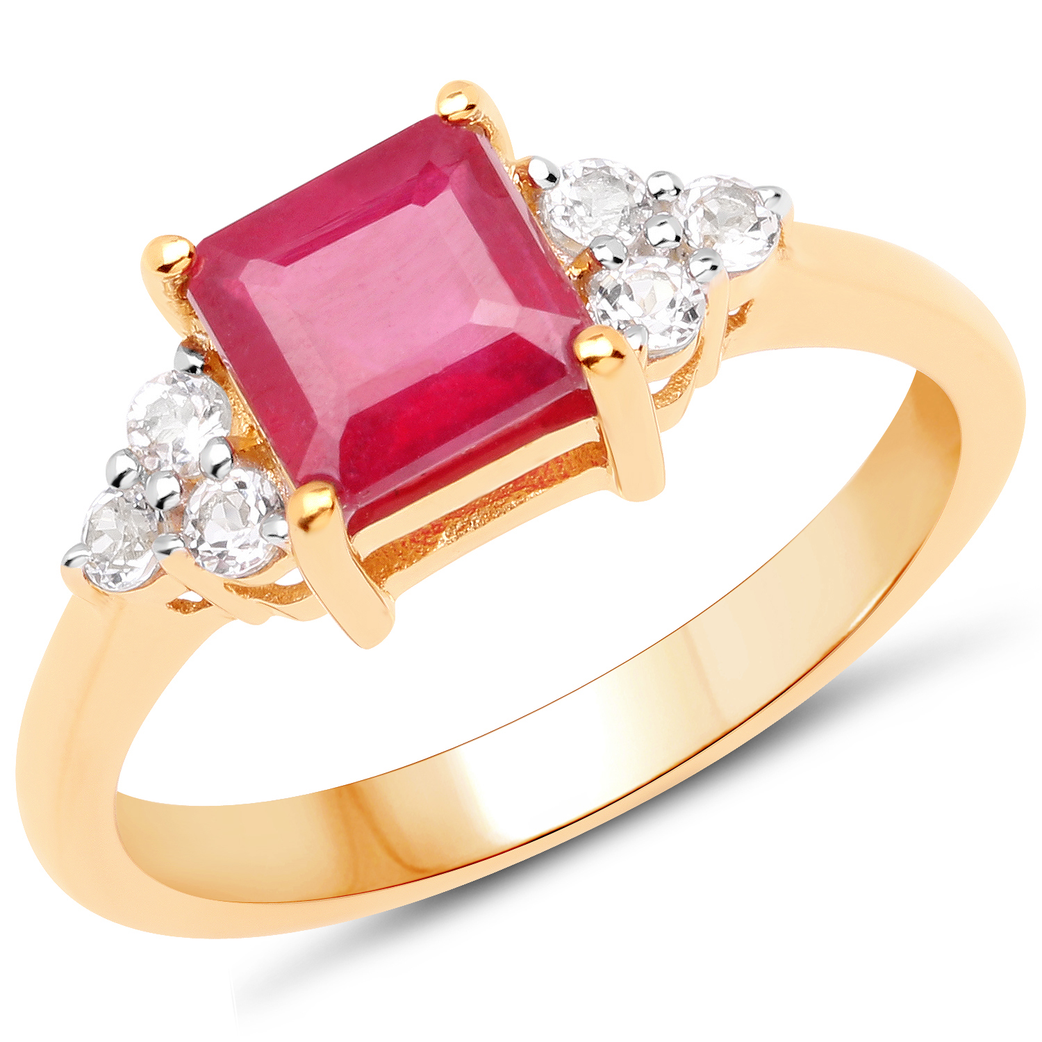 18K Yellow Gold Plated 1.99 Carat Glass Filled Ruby and White Topaz .925 Sterling Silver Ring