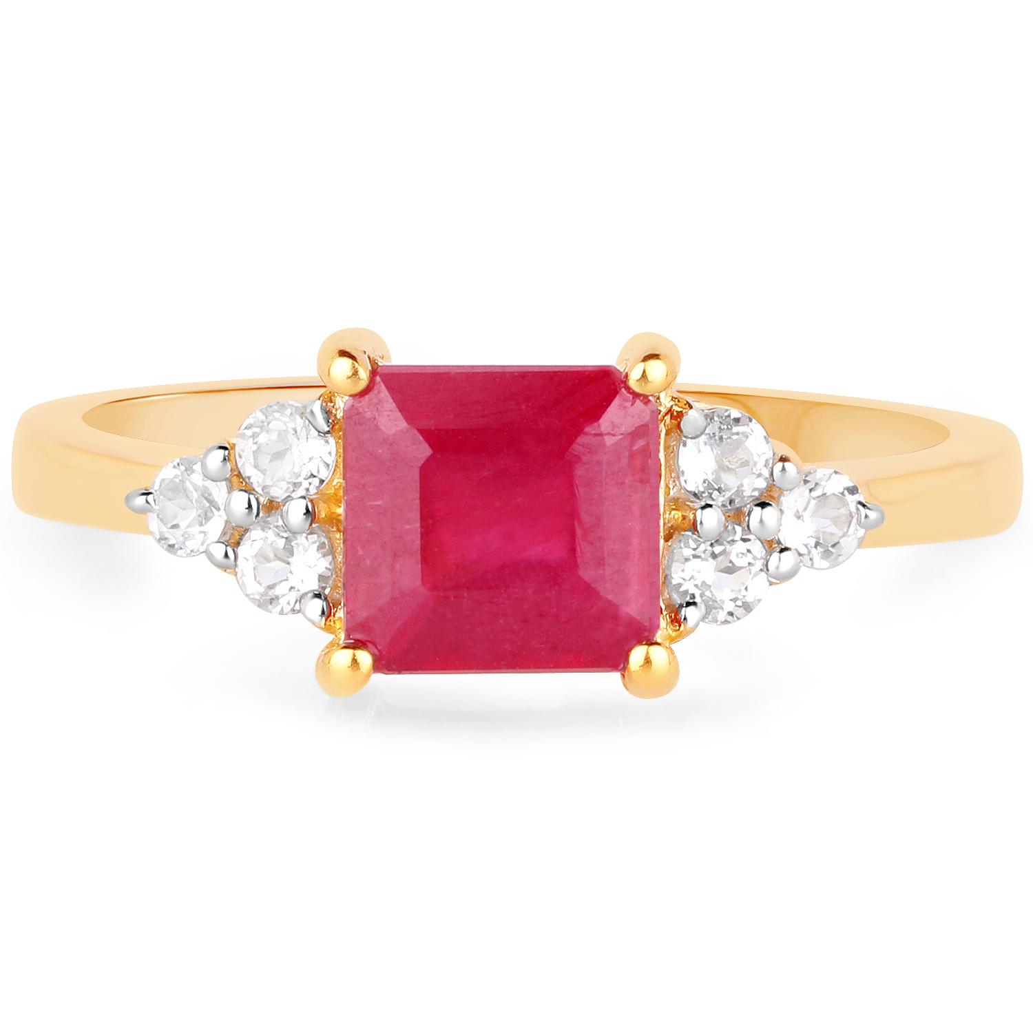 18K Yellow Gold Plated 1.99 Carat Glass Filled Ruby and White Topaz .925 Sterling Silver Ring