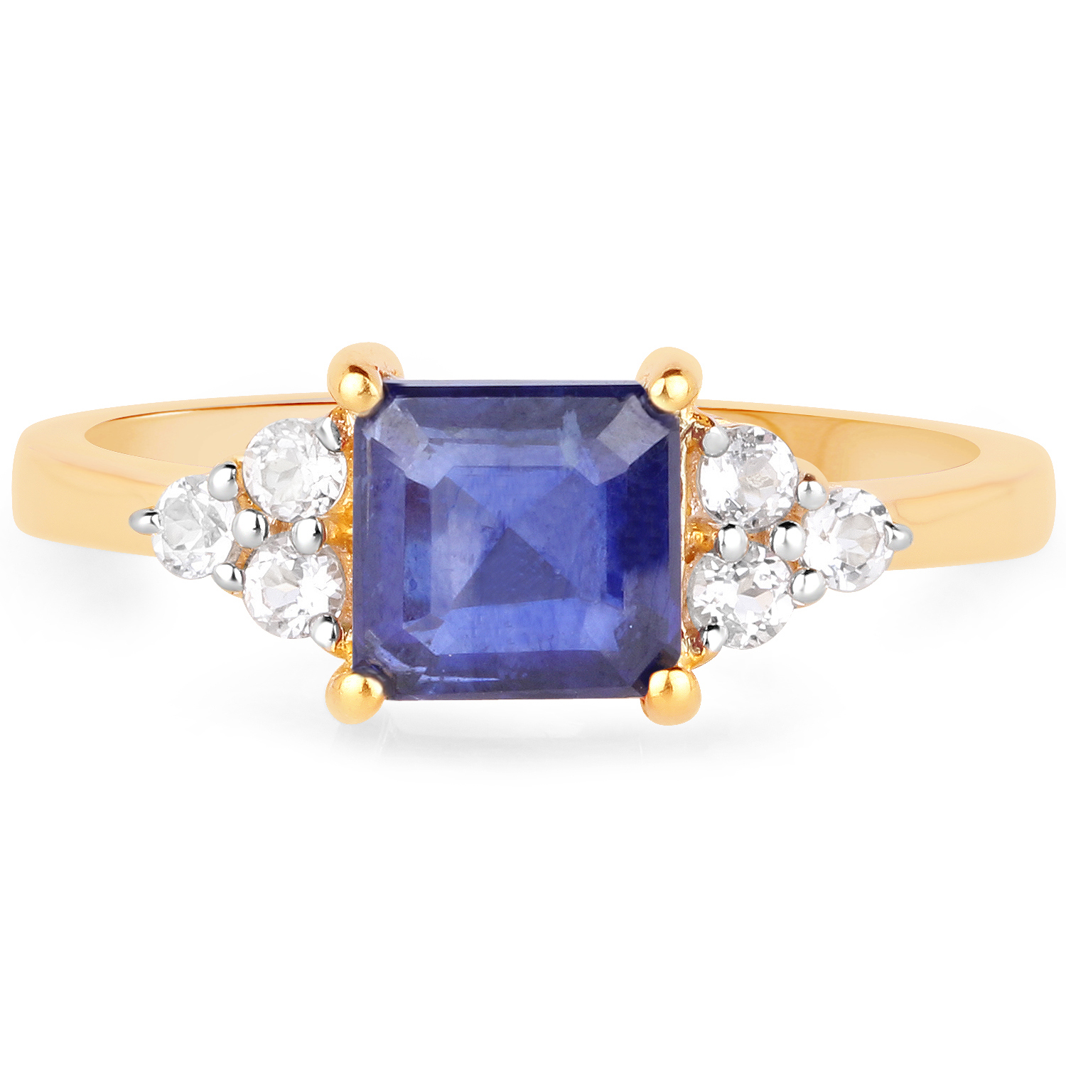 18K Yellow Gold Plated 1.99 Carat Glass Filled Sapphire and White Topaz .925 Sterling Silver Ring