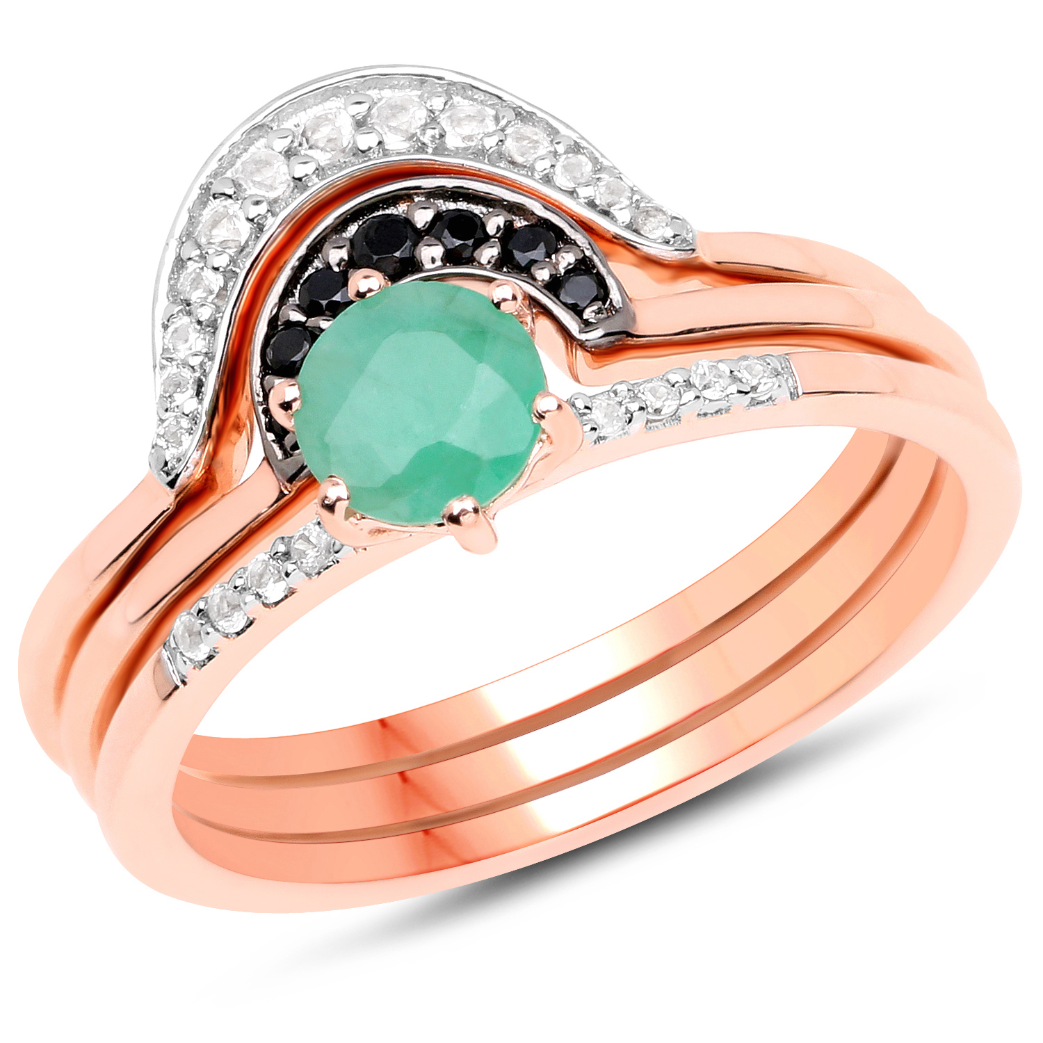 18K Rose Gold Plated 0.63 Carat Genuine Emerald, Black Spinel and White Topaz .925 Sterling Silver Ring