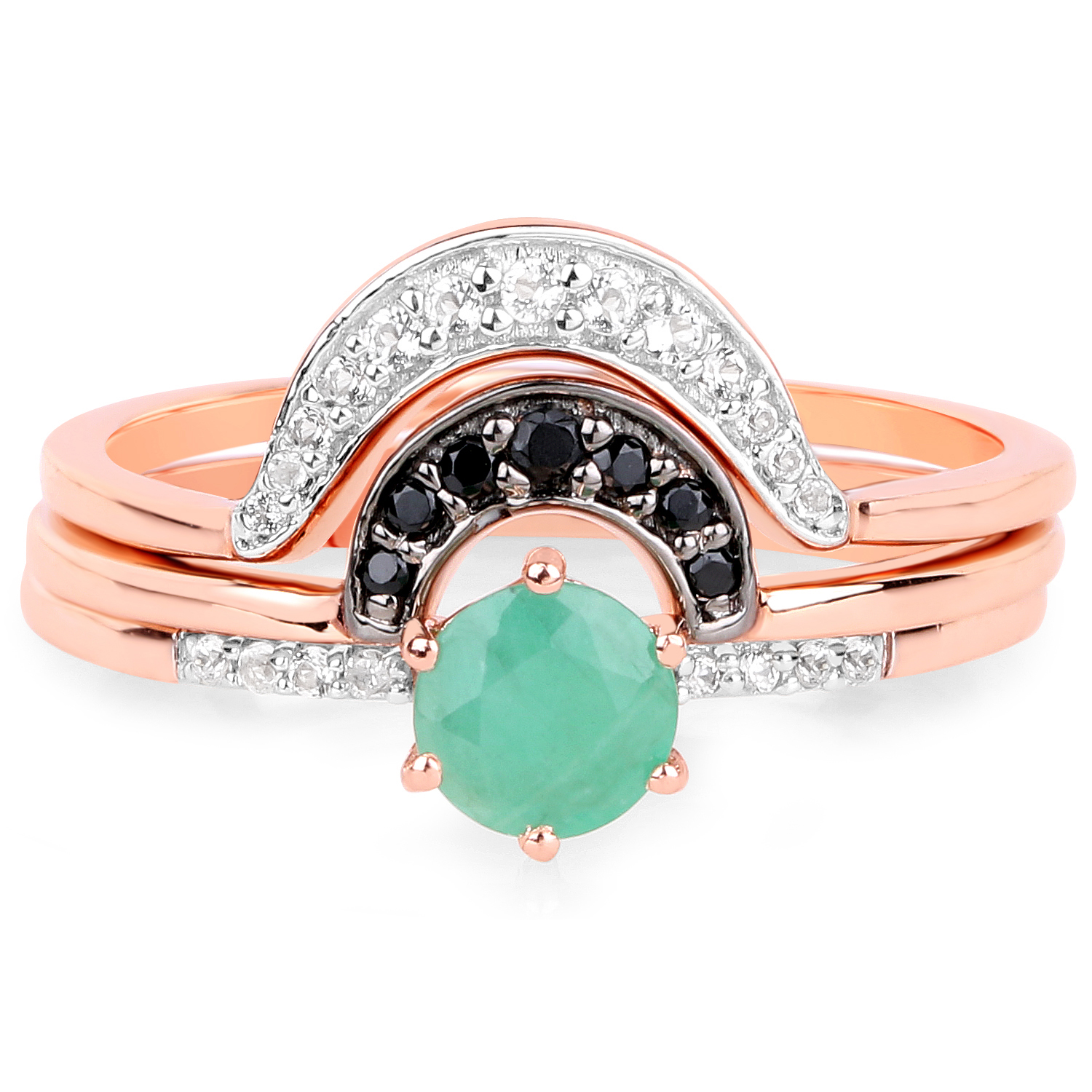 18K Rose Gold Plated 0.63 Carat Genuine Emerald, Black Spinel and White Topaz .925 Sterling Silver Ring