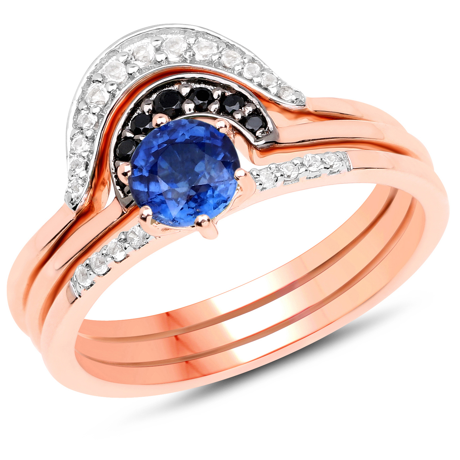 18K Rose Gold Plated 0.85 Carat Genuine Kyanite, Black Spinel and White Topaz .925 Sterling Silver Ring
