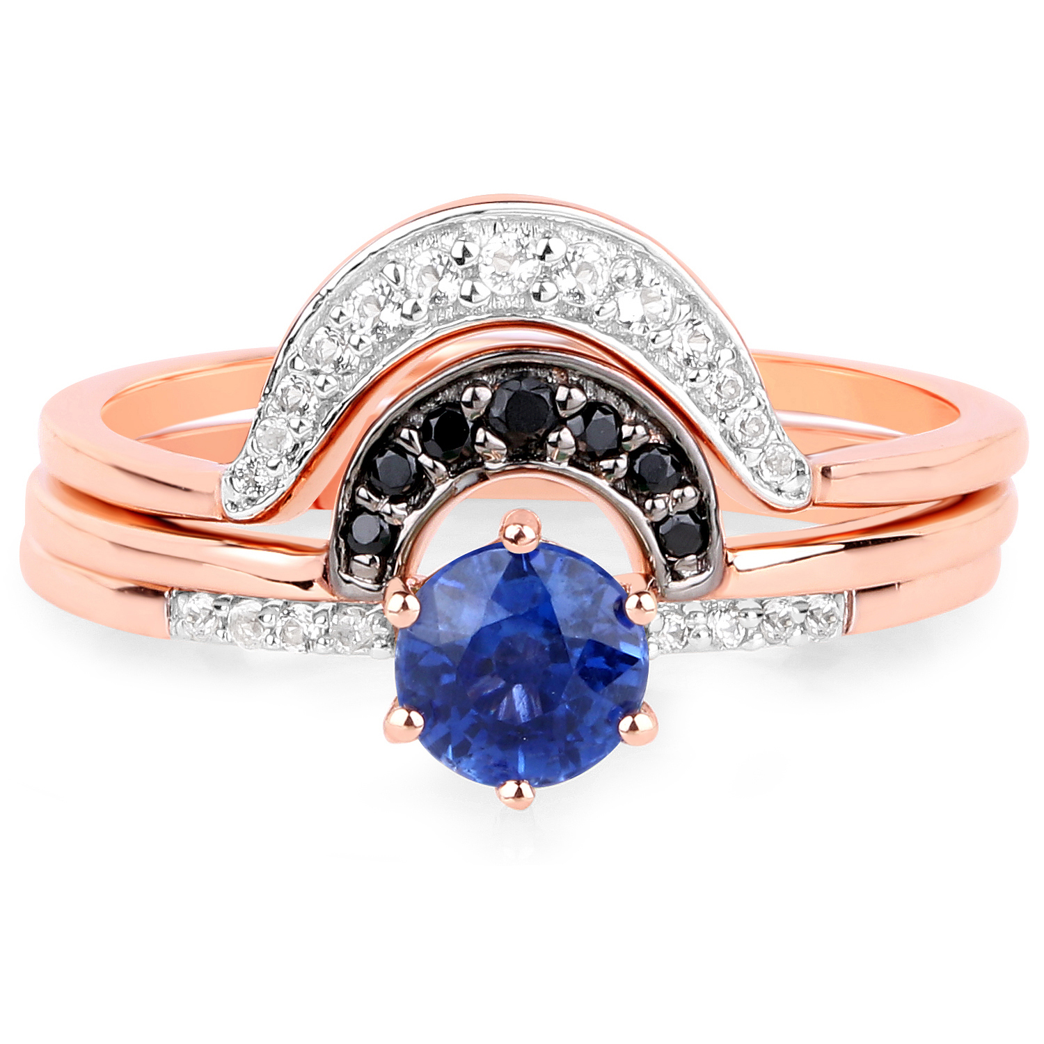 18K Rose Gold Plated 0.85 Carat Genuine Kyanite, Black Spinel and White Topaz .925 Sterling Silver Ring