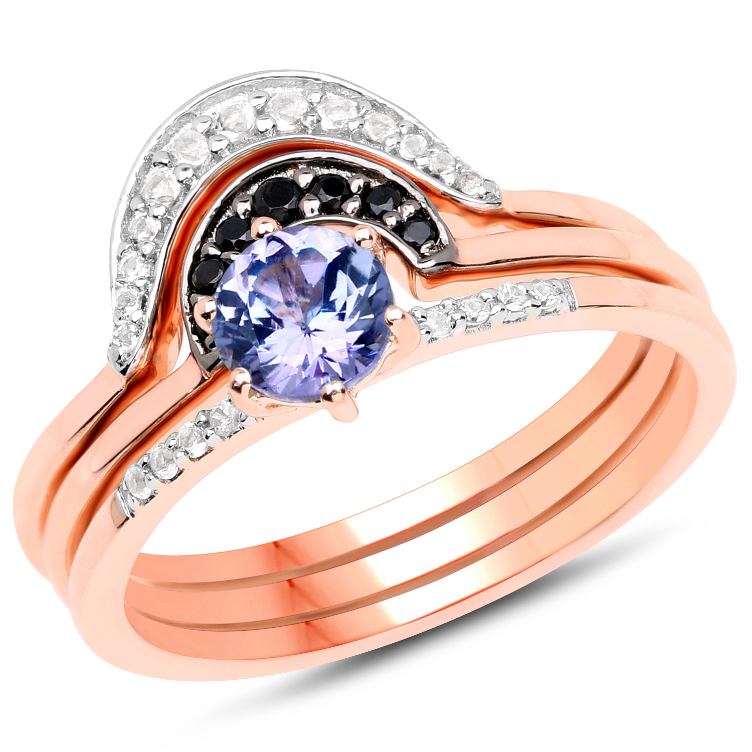 18K Rose Gold Plated 0.67 Carat Genuine Tanzanite, Black Spinel and White Topaz .925 Sterling Silver Ring