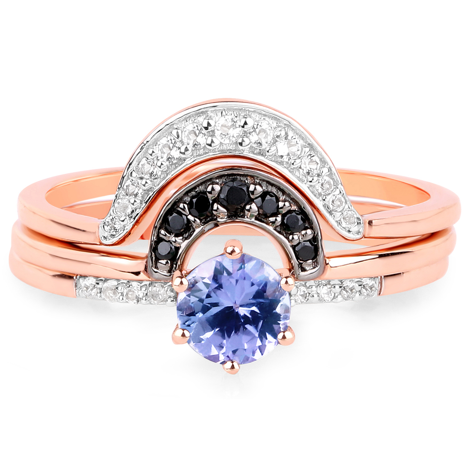 18K Rose Gold Plated 0.67 Carat Genuine Tanzanite, Black Spinel and White Topaz .925 Sterling Silver Ring