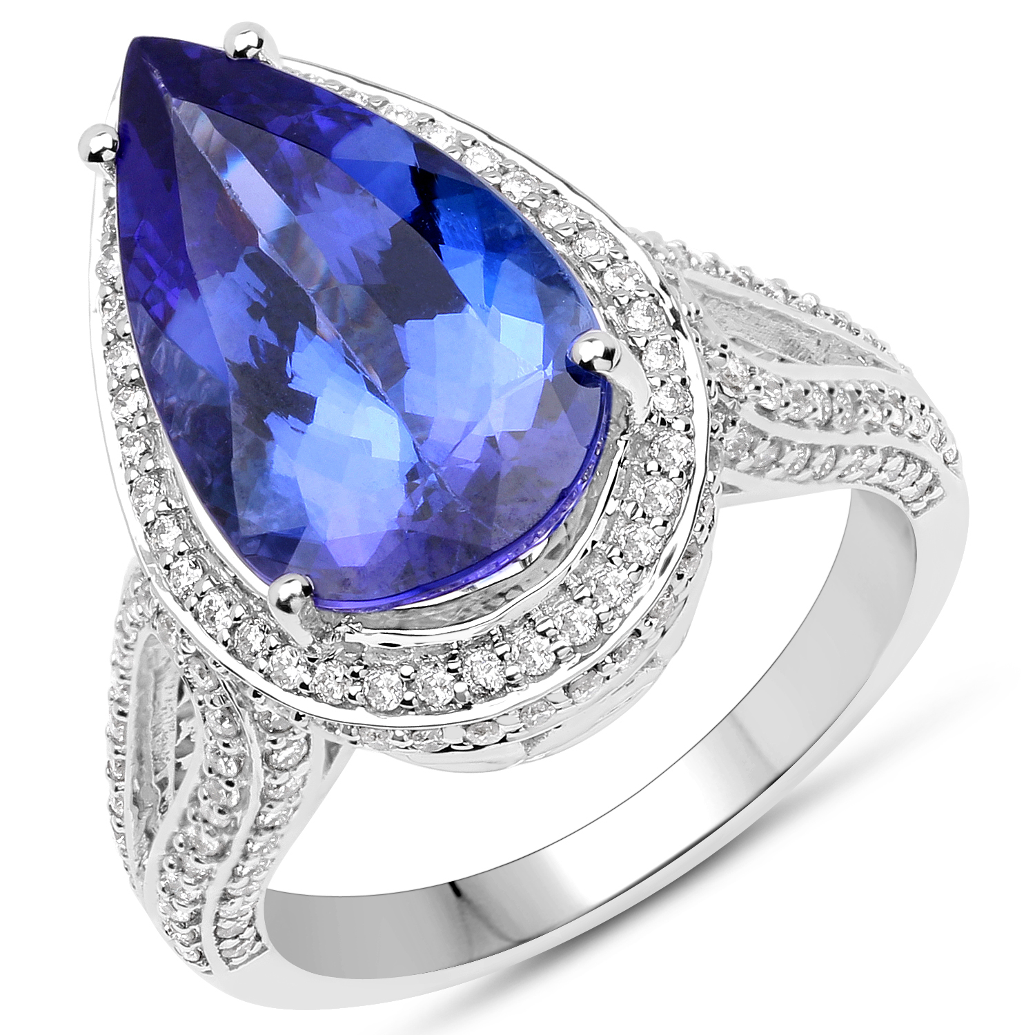 14K White Gold 6.72 Carat Genuine Tanzanite and White Diamond Ring